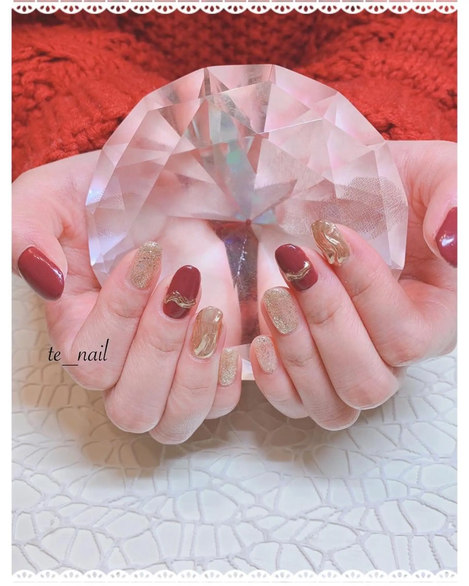 ネイル アートネイル ボルドー 成人式 ラメ(グリッター) ミラーネイル ｔe_ nailのネイルデザイン