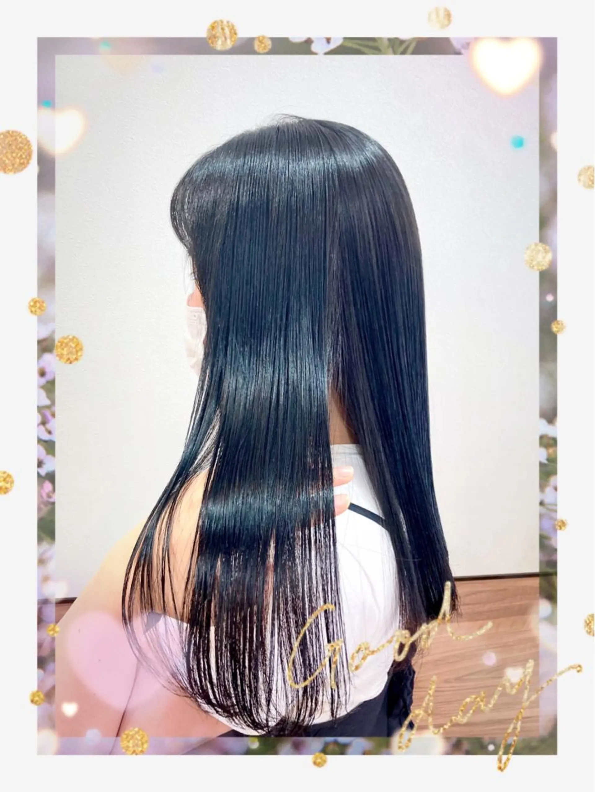 ロング カラー 黒髪 ブルーカラー ブルーブラック 透明感カラー Annon プライベートサロンのヘアスタイル