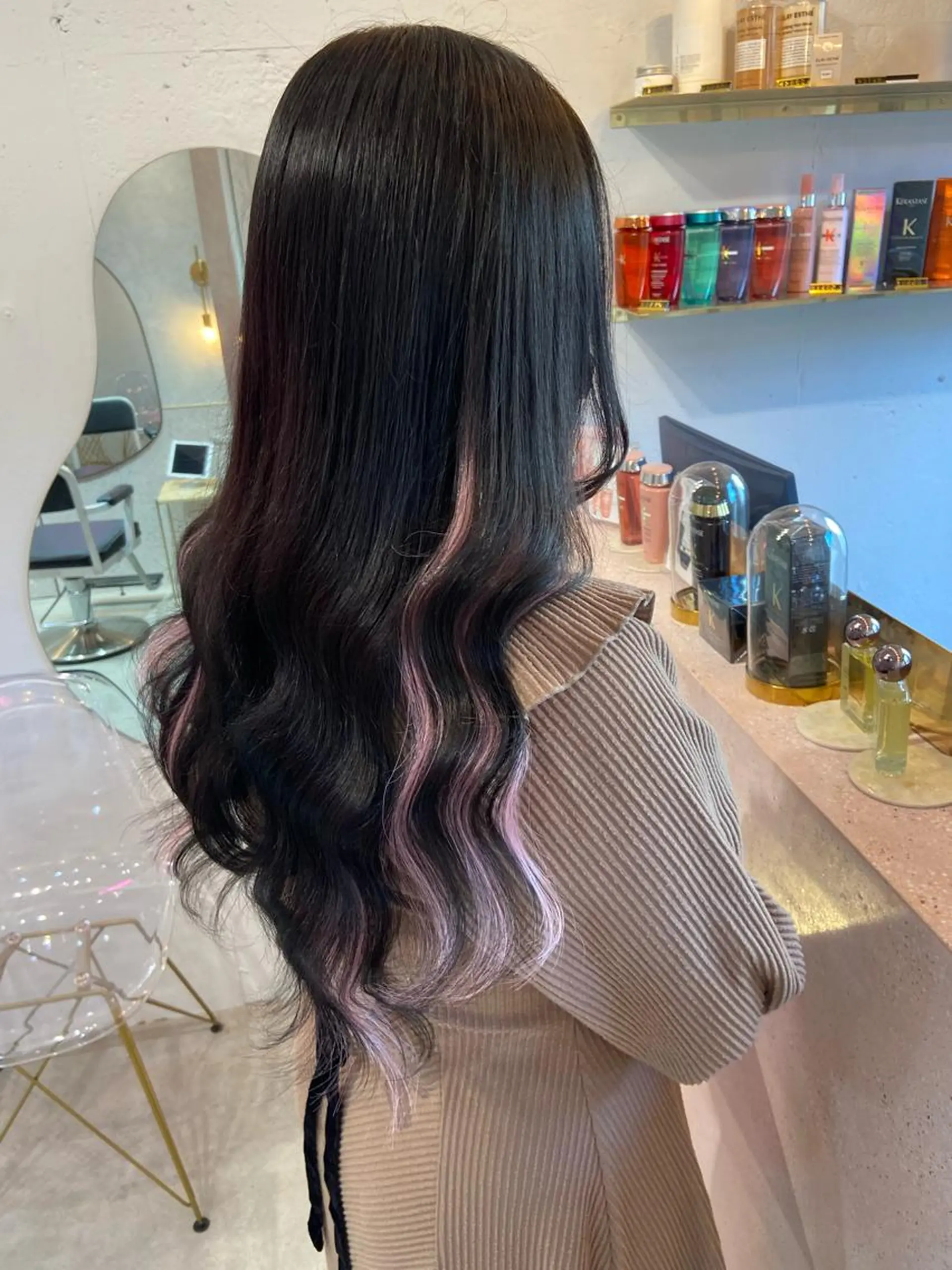 ロング カラー シールエクステ バレイヤージュ ブリーチ イヤリングカラー ハイライトカラー ヘアカラー トリートメント エクステ 新宿/韓国ヘア 中明度カラー/かやのヘアスタイル