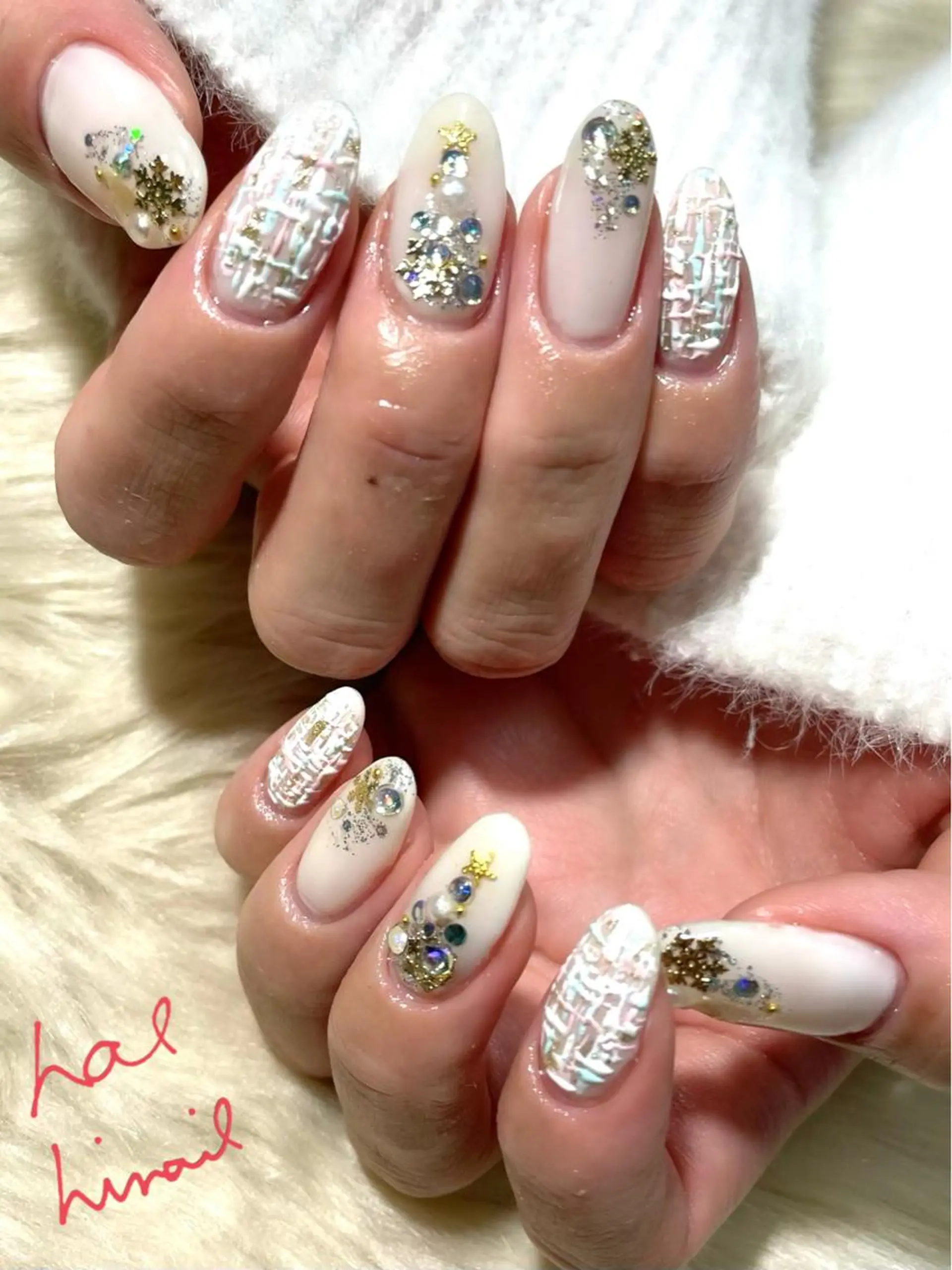 ネイル ツイードネイル ホワイト 冬ネイル クリスマス はるひな ねいるのネイルデザイン