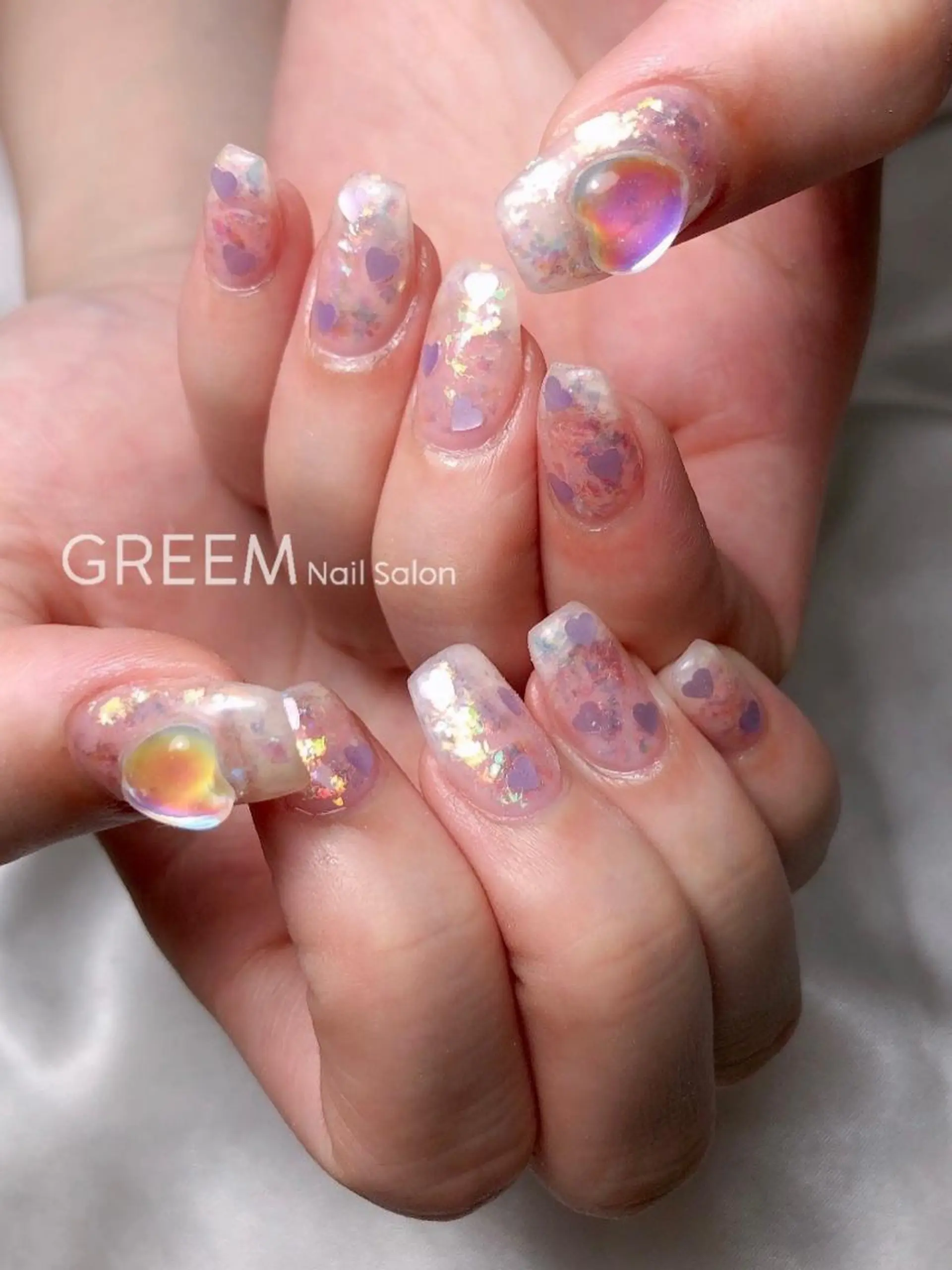ネイル オーロラネイル クリアネイル ハート 氷ネイル・うるうるネイル 韓国ネイル GREEM グリームのネイルデザイン