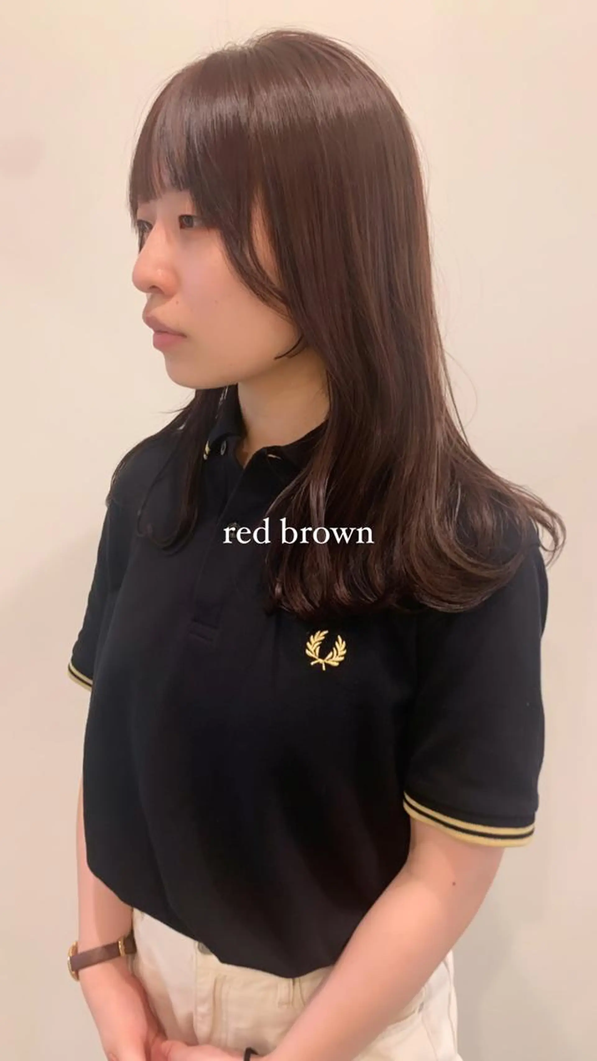 セミロング カラー レッドカラー 落合希 Olivebeigeのヘアスタイル