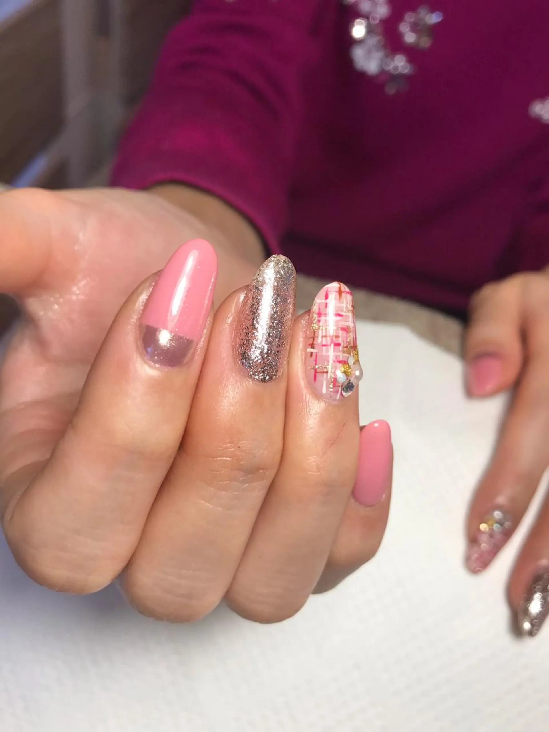 ネイル ミラーネイル ピンク ツイードネイル 冬ネイル nail salon ily 武蔵新城のネイルデザイン