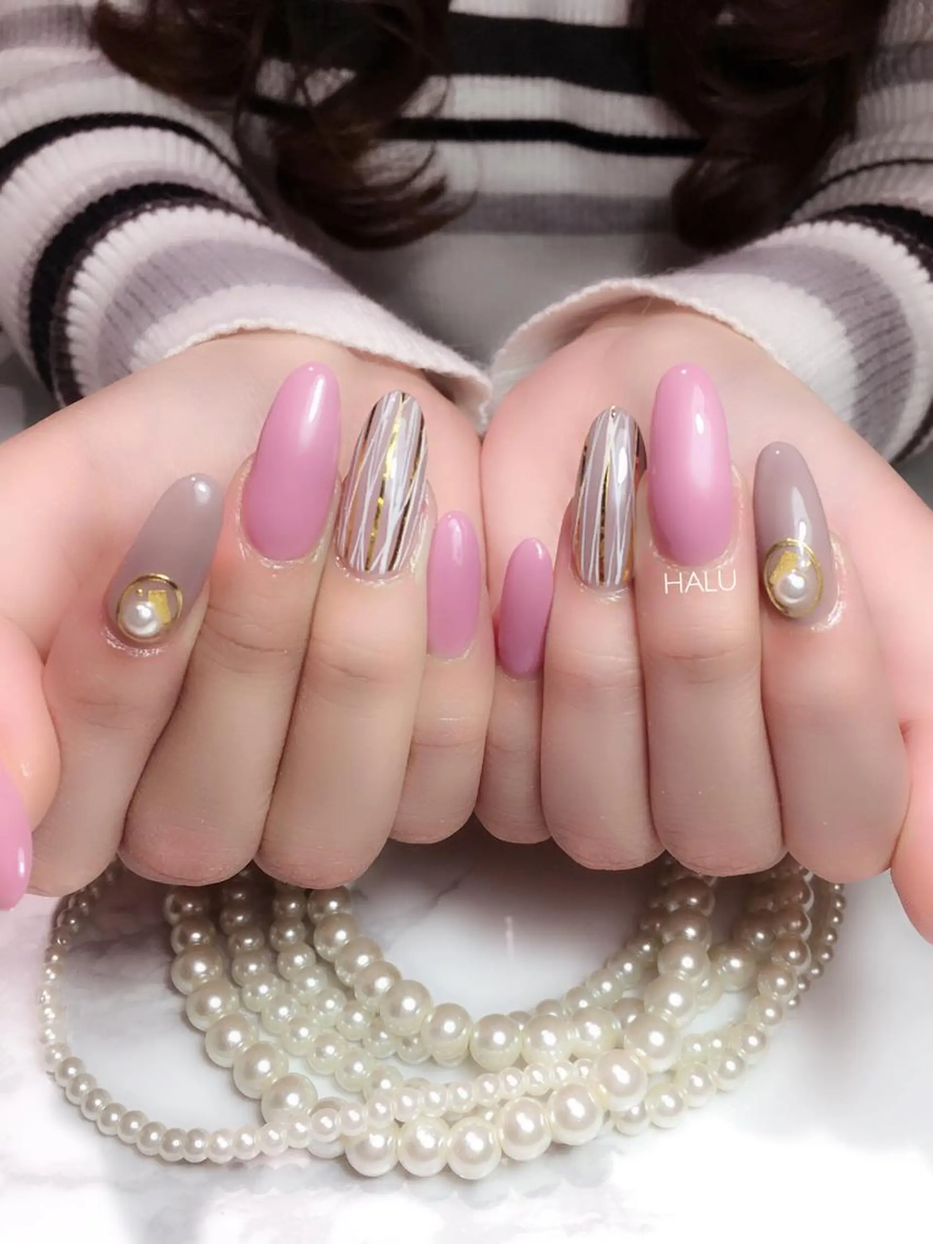 ネイル ブルー カジュアル ゴールド ピンク HALU ハルのネイルデザイン
