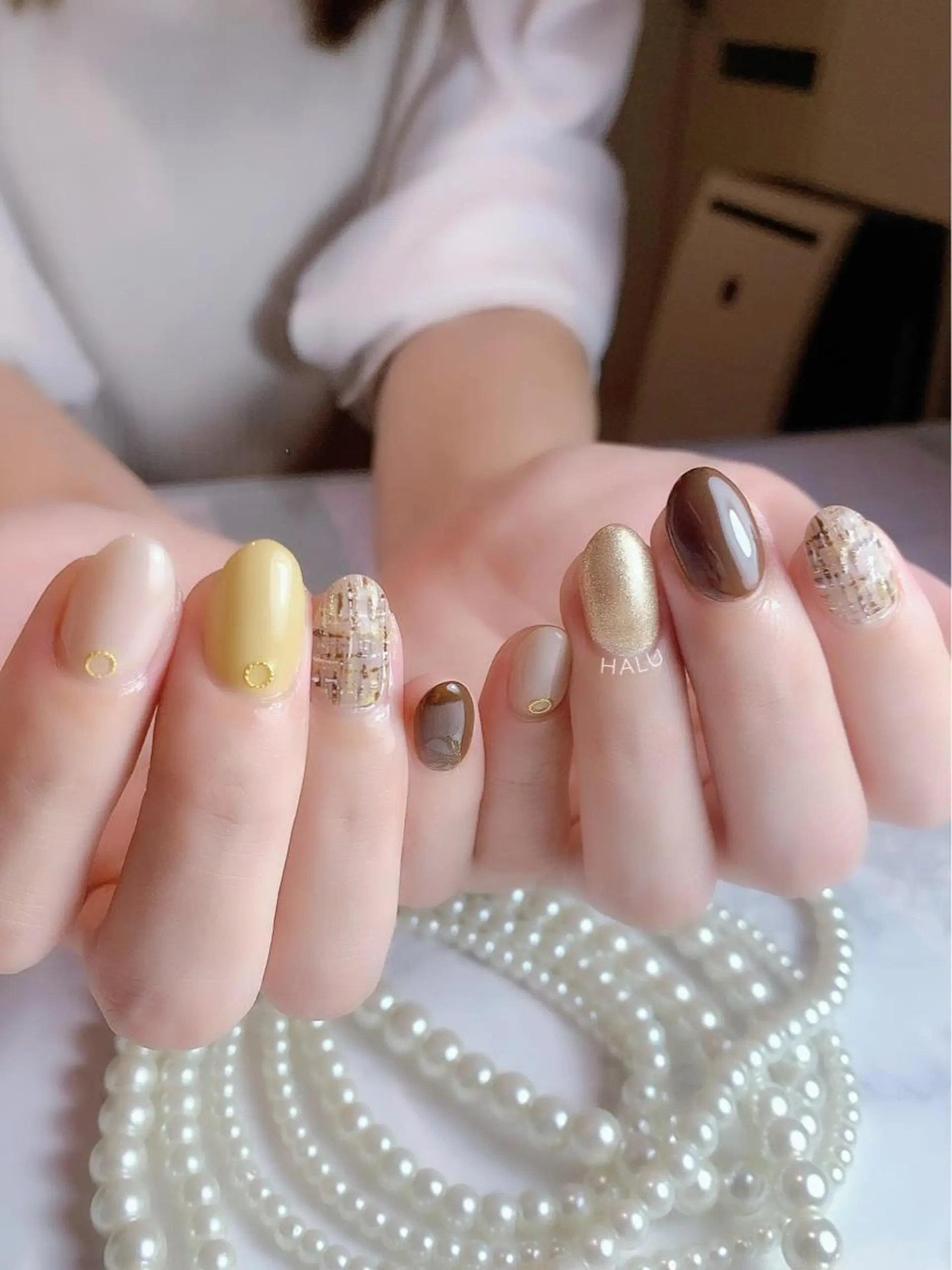ネイル ツイードネイル 黄色 HALU ハルのネイルデザイン