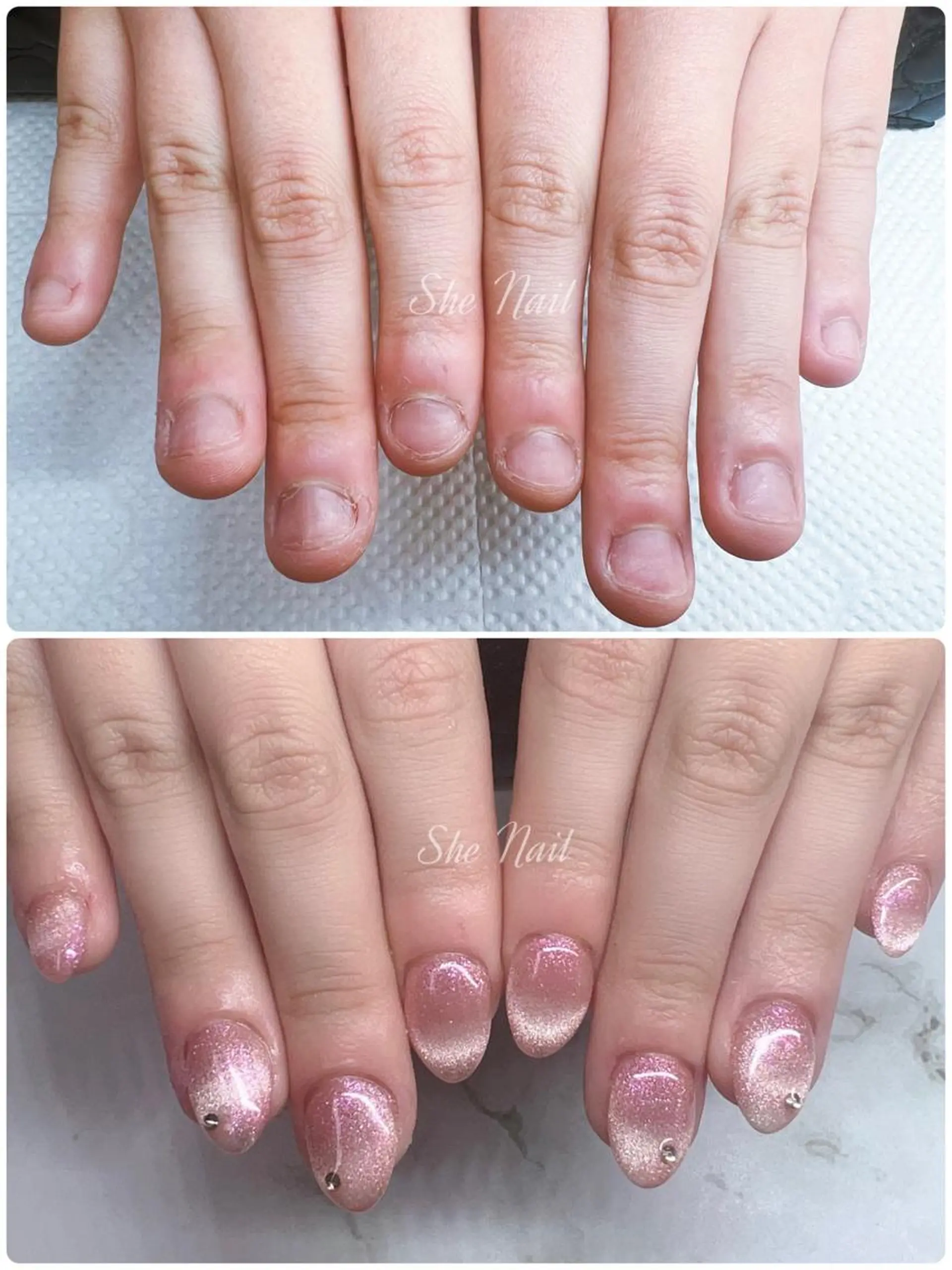 ネイル チークネイル 長さ出し グラデーション ラメ(グリッター) ラメグラデーション ハンドネイル She   Nail所属・ISA_ BELLAのネイルデザイン