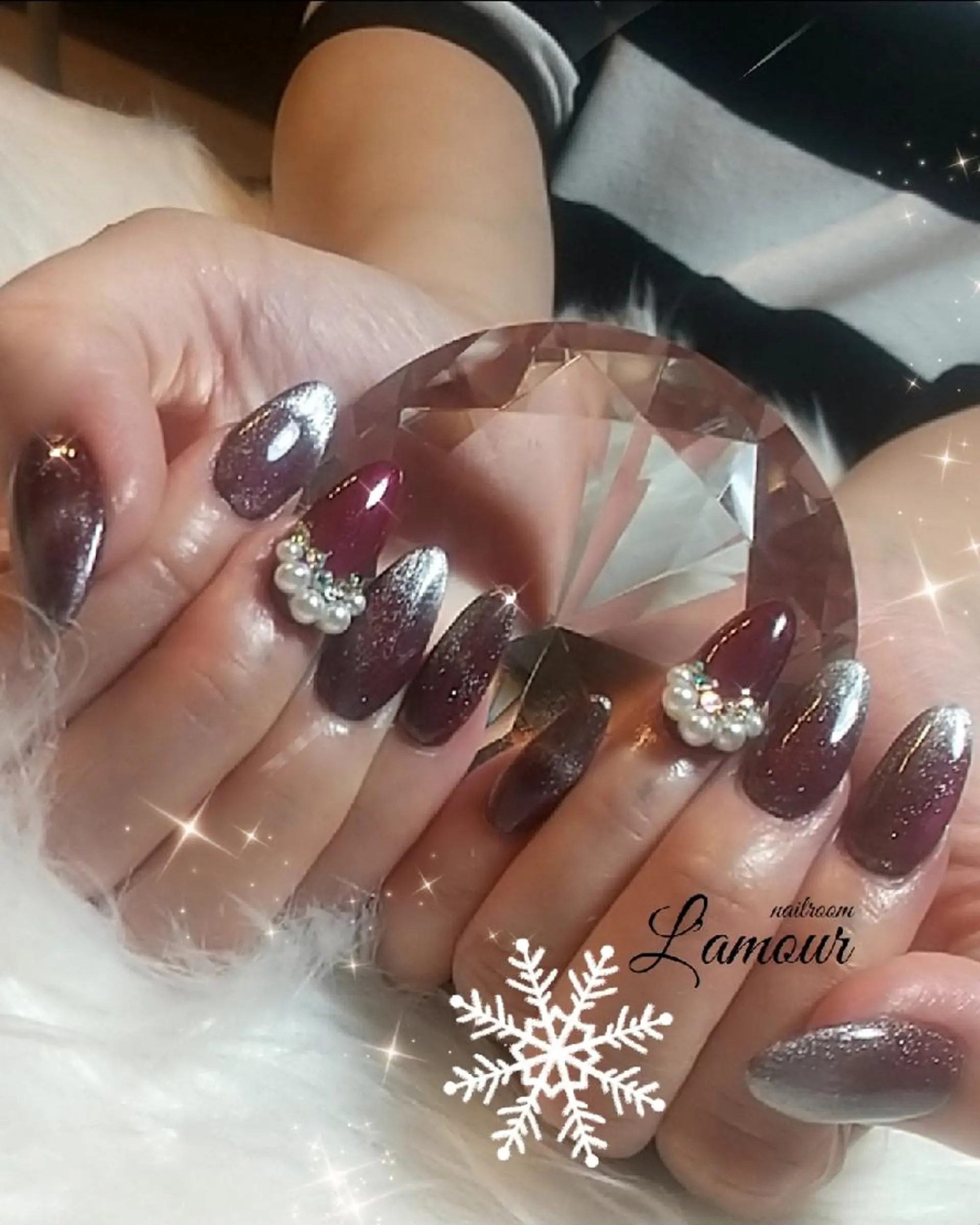 ネイル ボルドー スカルプネイル 冬ネイル クリスマス L'amour 吹田市のネイルデザイン