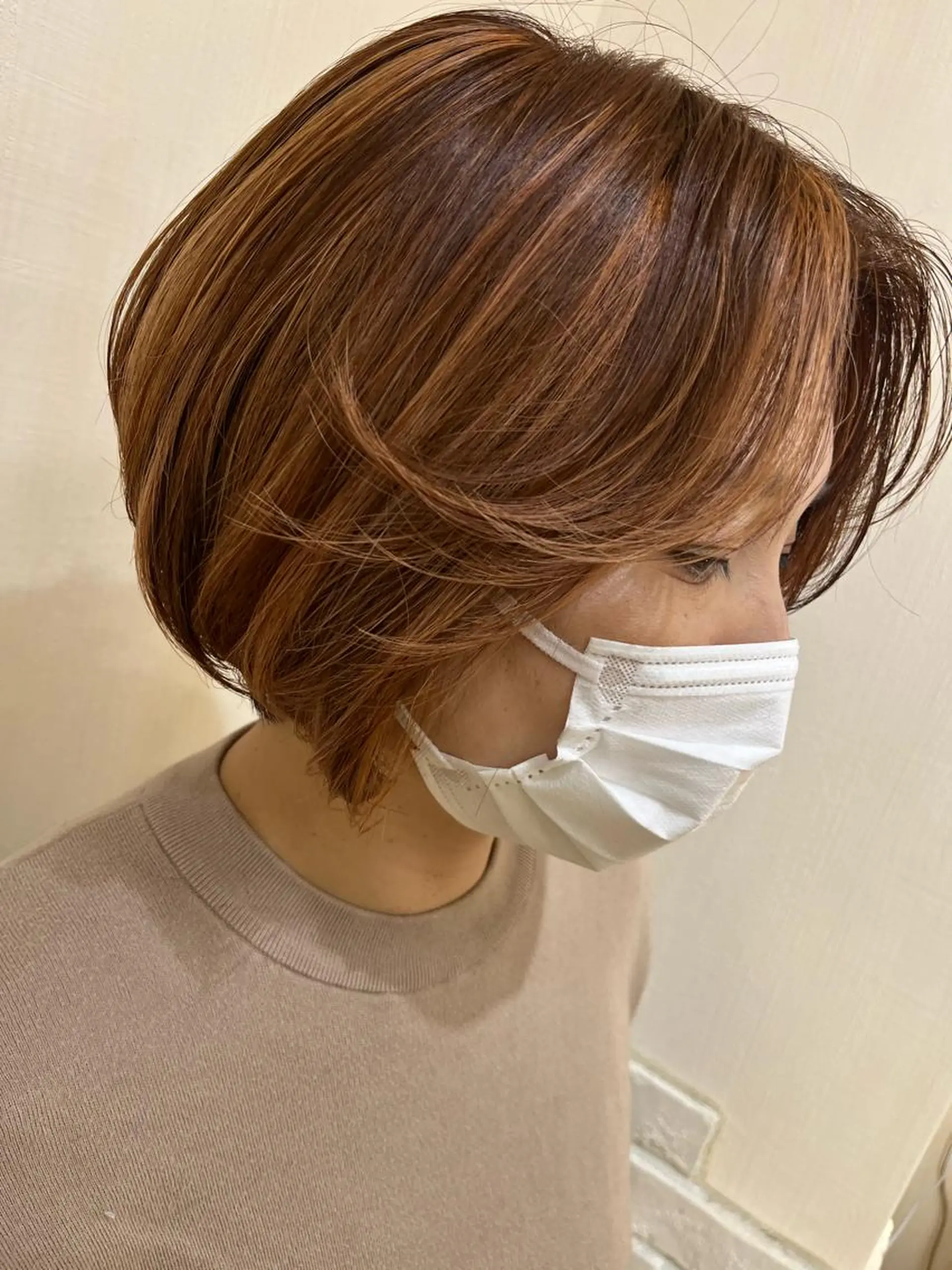 ミディアム カラー ハイライトカラー オレンジ ボブ ハイライト ヘアカラー きむえり/セット/ 髪質改善/カラーのヘアスタイル