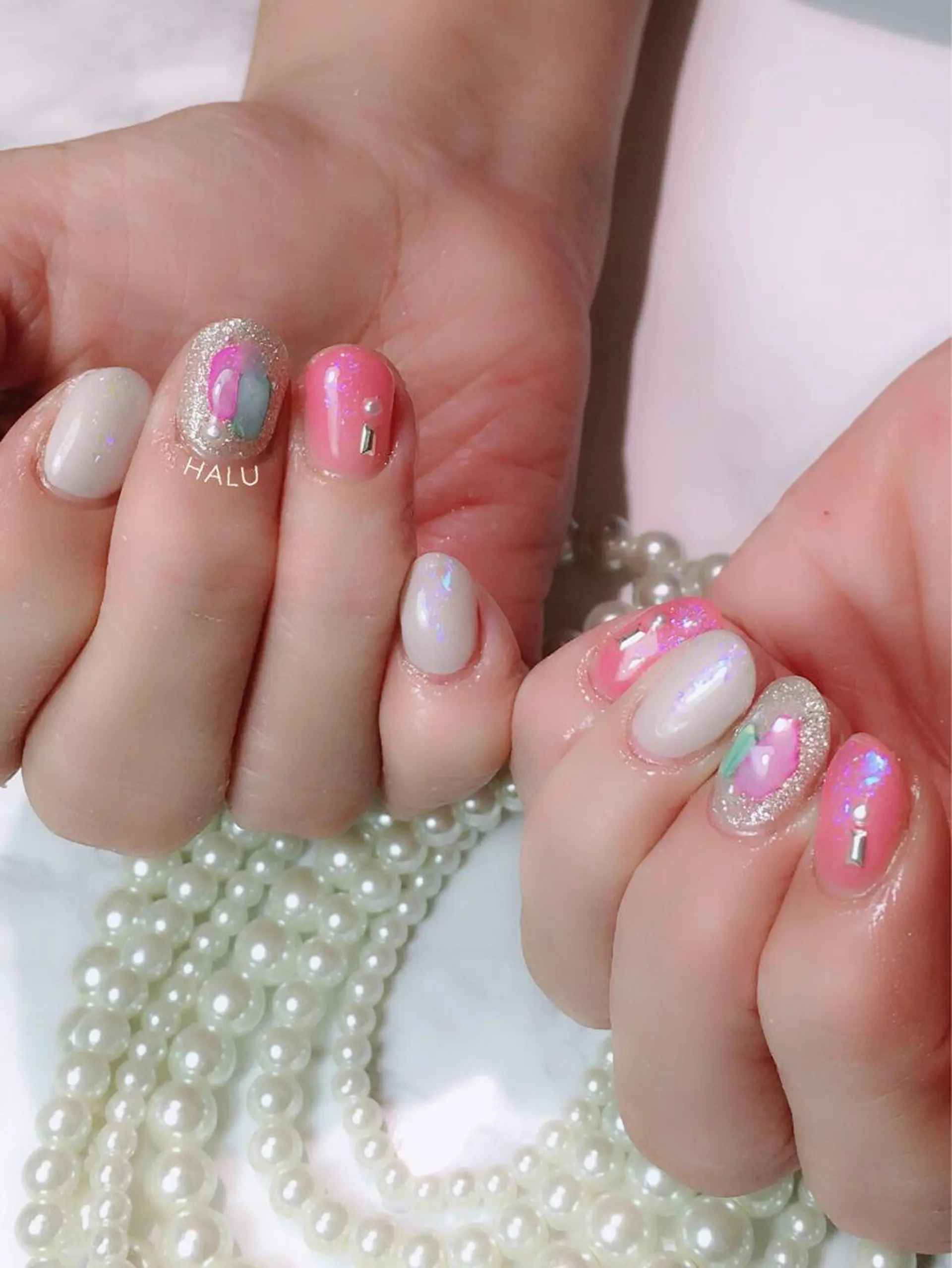 ネイル ガーリー グリーン ラメ(グリッター) HALU ハルのネイルデザイン