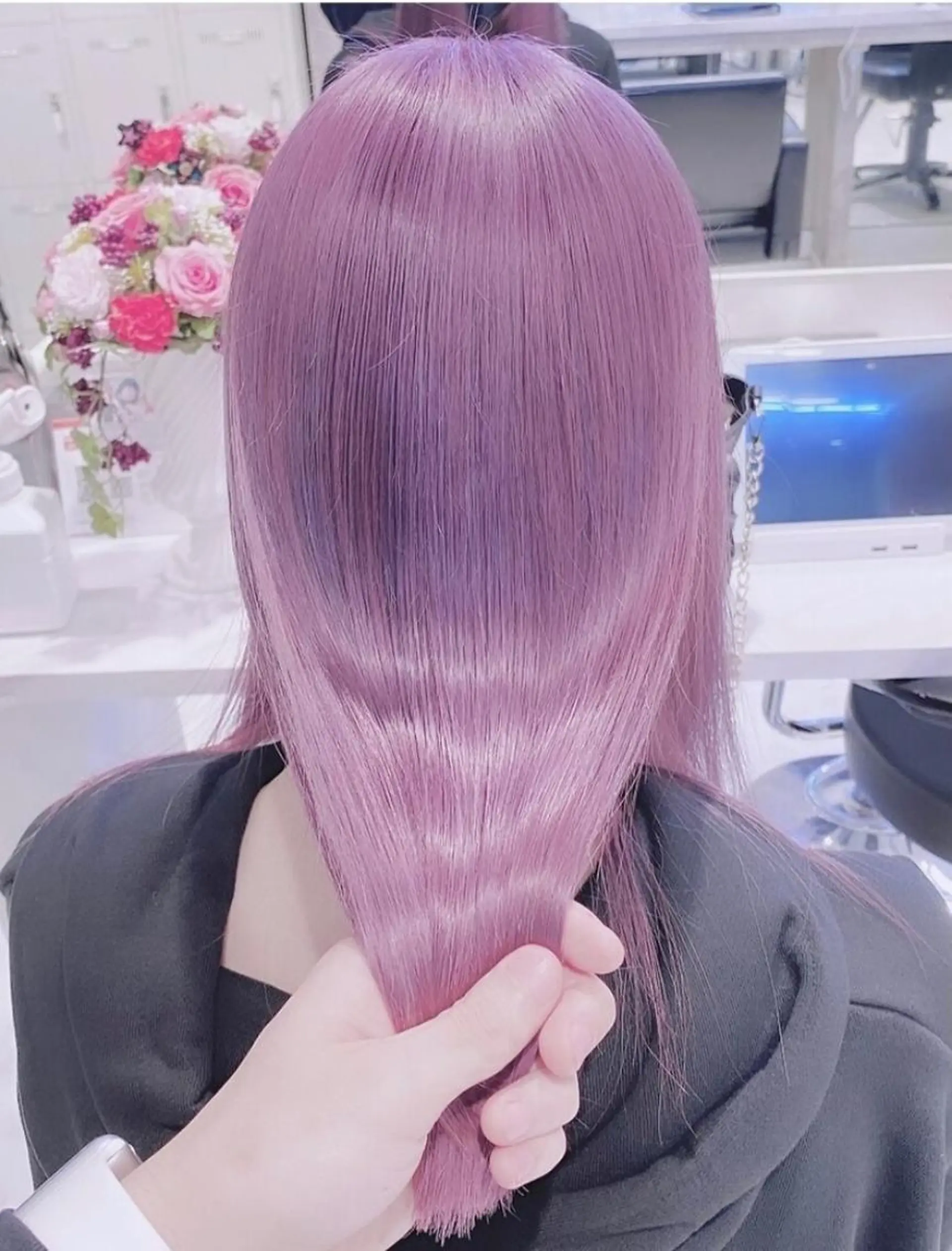 セミロング アッシュ アッシュグレー アッシュグレージュ ミストバング ピンクブラウン ハイトーン×エクステ 💞くるみのヘアスタイル