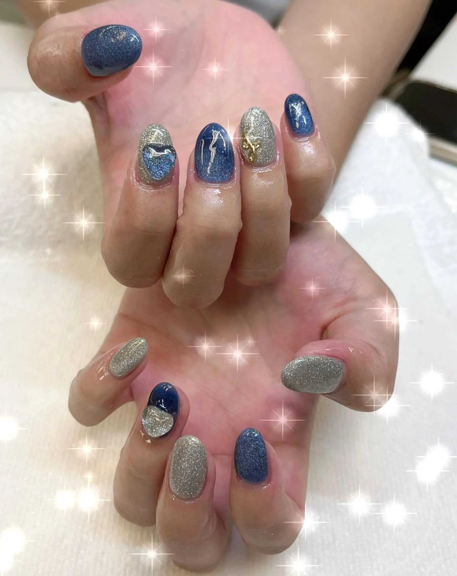 ネイル ブルー クリアネイル ハート マグネットネイル シルバー Sasaki Kyokaのネイルデザイン