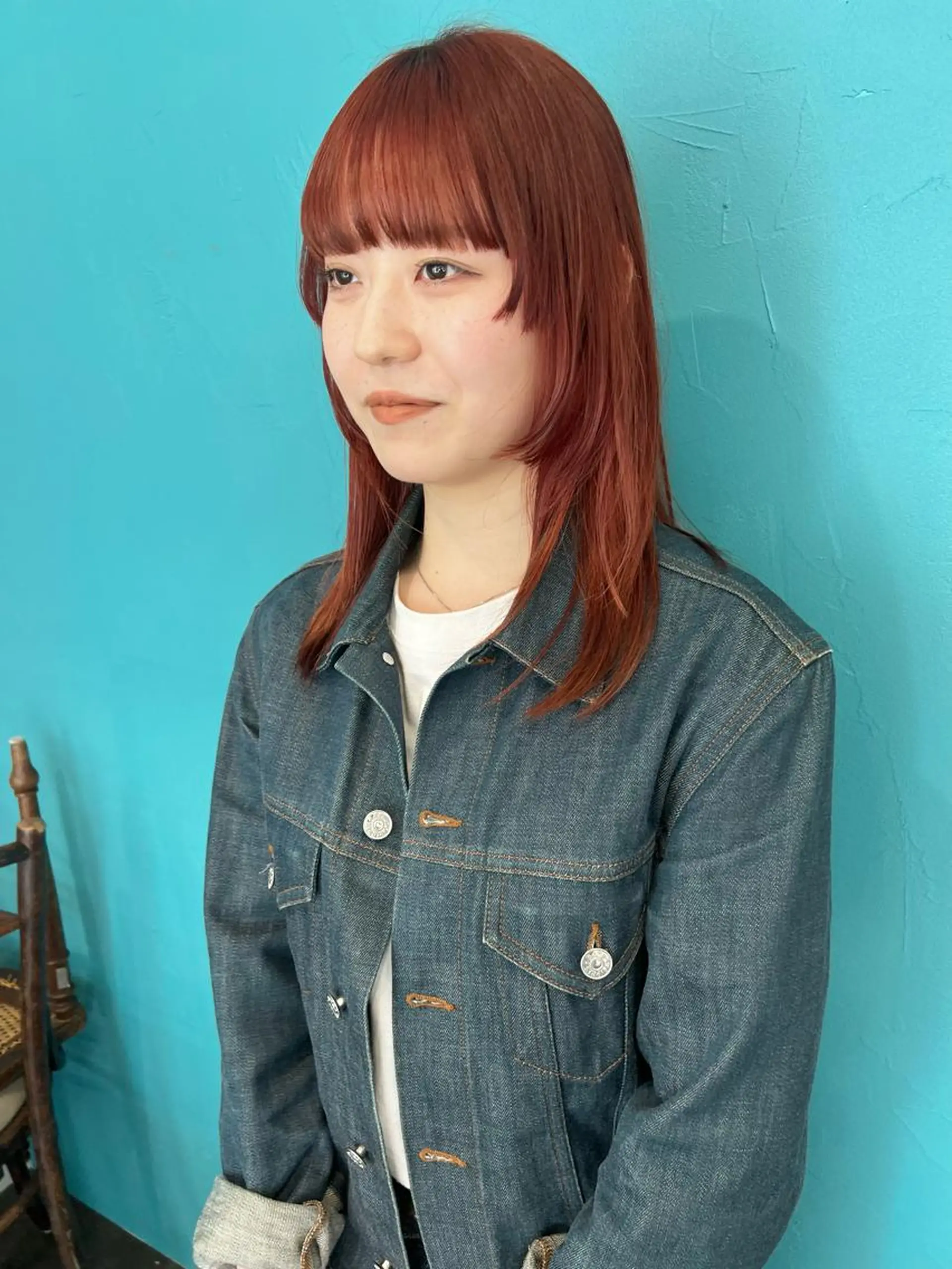 セミロング カラー オレンジ 顔まわりレイヤー レイヤーカット カット ヘアカラー 千葉 郁也のヘアスタイル