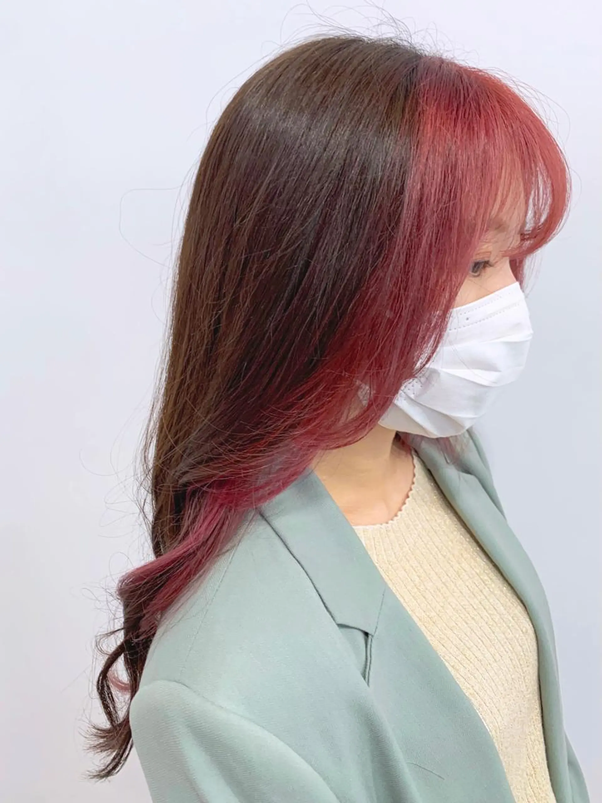 ロング カラー ヘアアレンジ ミストバング  フェイスフレーミング ピンクカラー 🍒暖色✖️レイヤー ／Haruna🍒のヘアスタイル