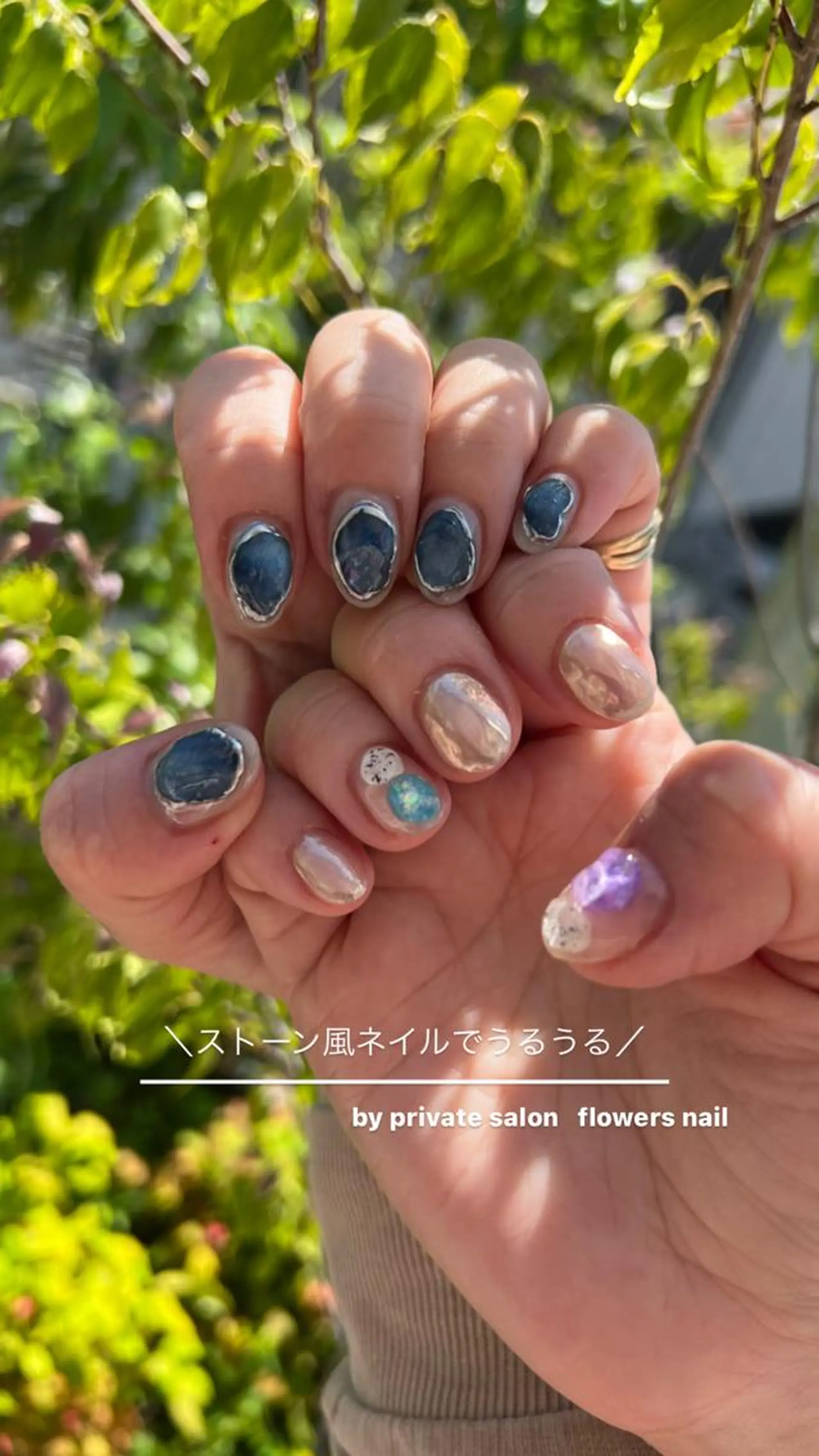 ネイル ジェルネイル ミラーネイル 持ち込み パラジェル 春ネイル ハンドネイル flowers nailのネイルデザイン