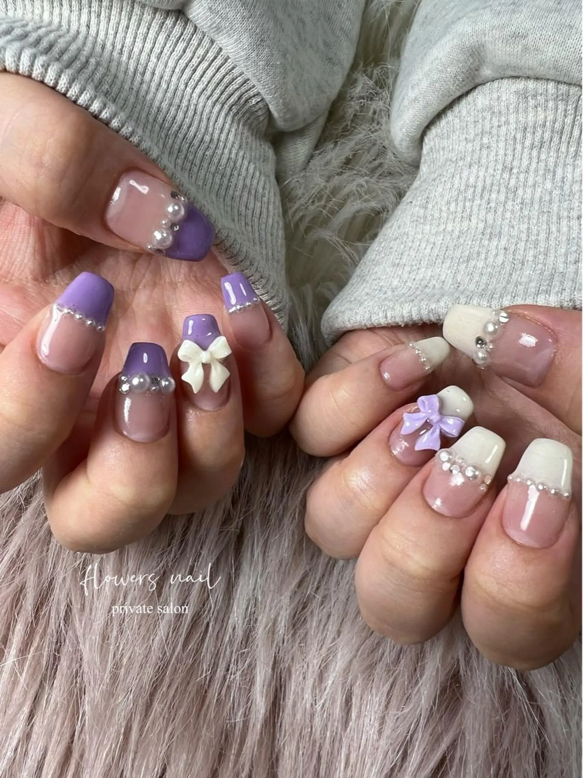 ネイル フレンチネイル ジェルネイル 持ち込み パラジェル パープル flowers nailのネイルデザイン