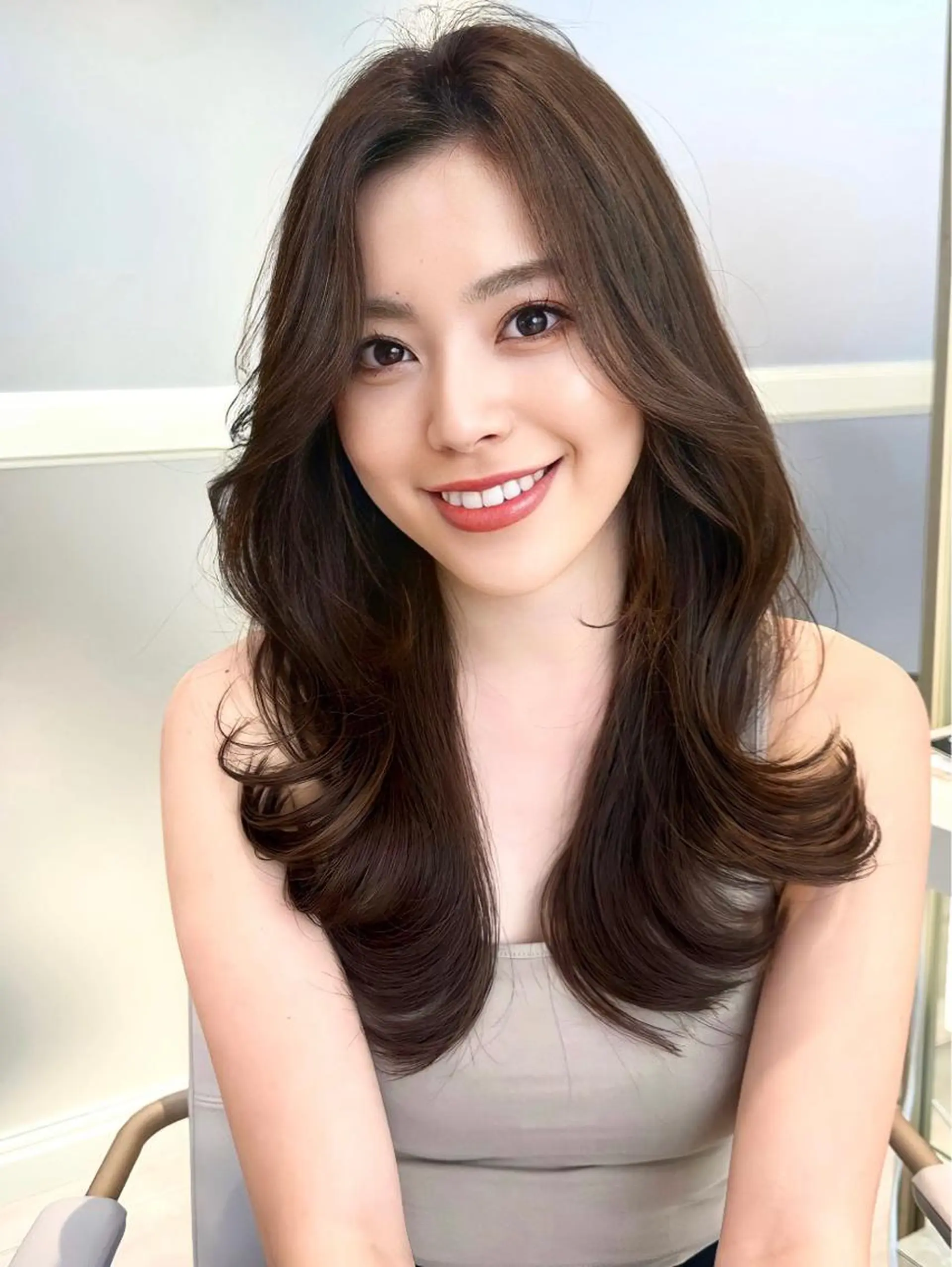 セミロング カラー エギョモリ 顔まわりレイヤー 顔周りカット ハイレイヤー ヨシンモリ カット ヘアカラー トリートメント 顔周り特化/韓国ヘア /レイヤー/吉野幸大のヘアスタイル