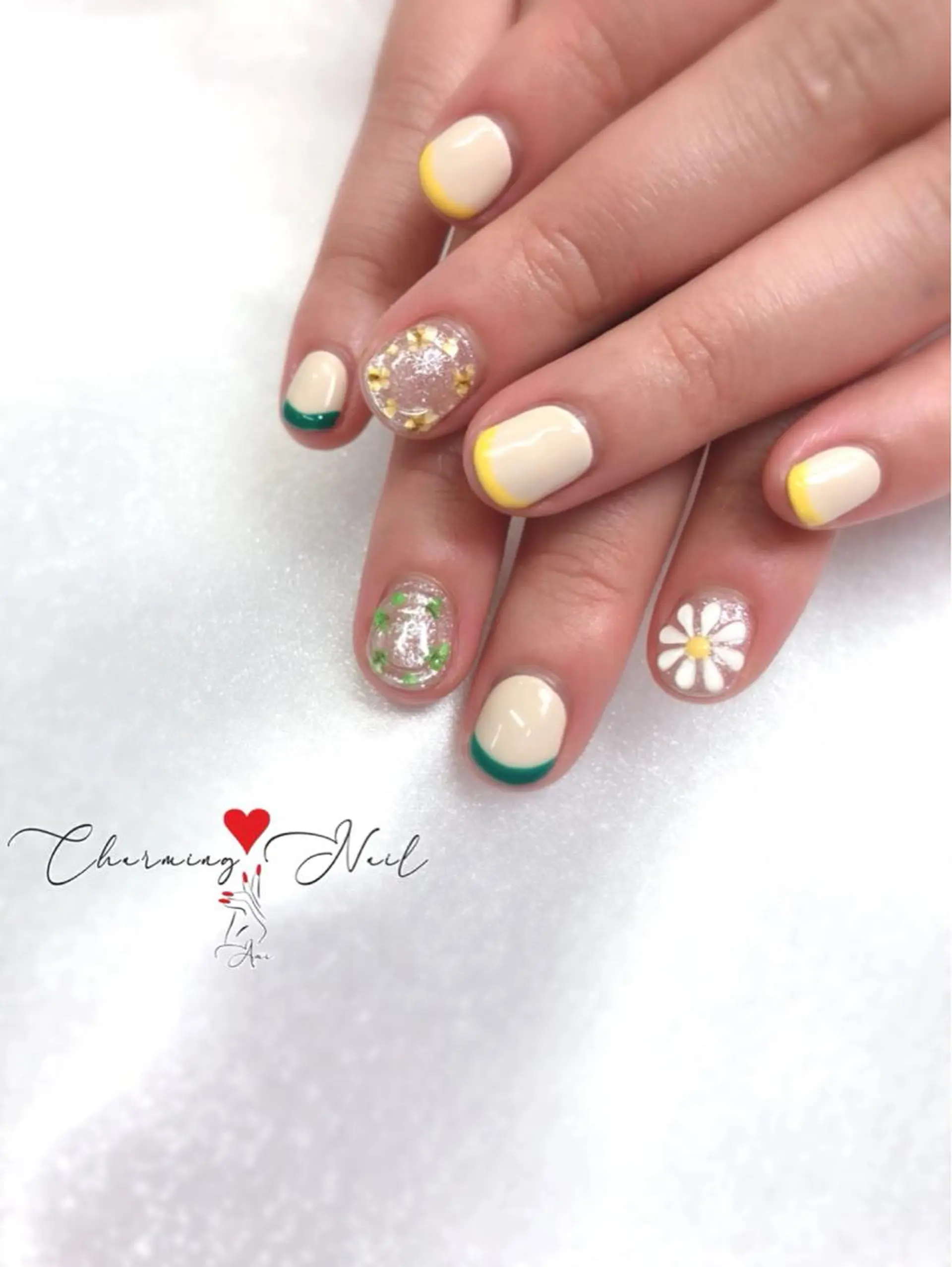 ネイル フラワーネイル フレンチネイル グリーン 韓国ネイル 黄色 Charming❤️Nail所属・Nailist Amiのその他イメージ