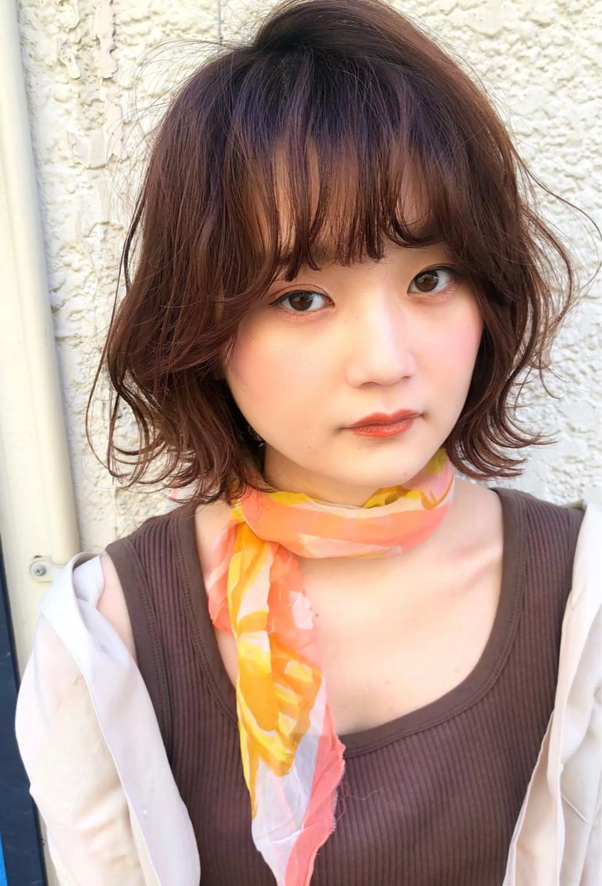 ミディアム カラー ブラウンカラー オレンジ オレンジブラウン ボブ カット ヘアカラー パーマ 齋藤 咲のヘアスタイル