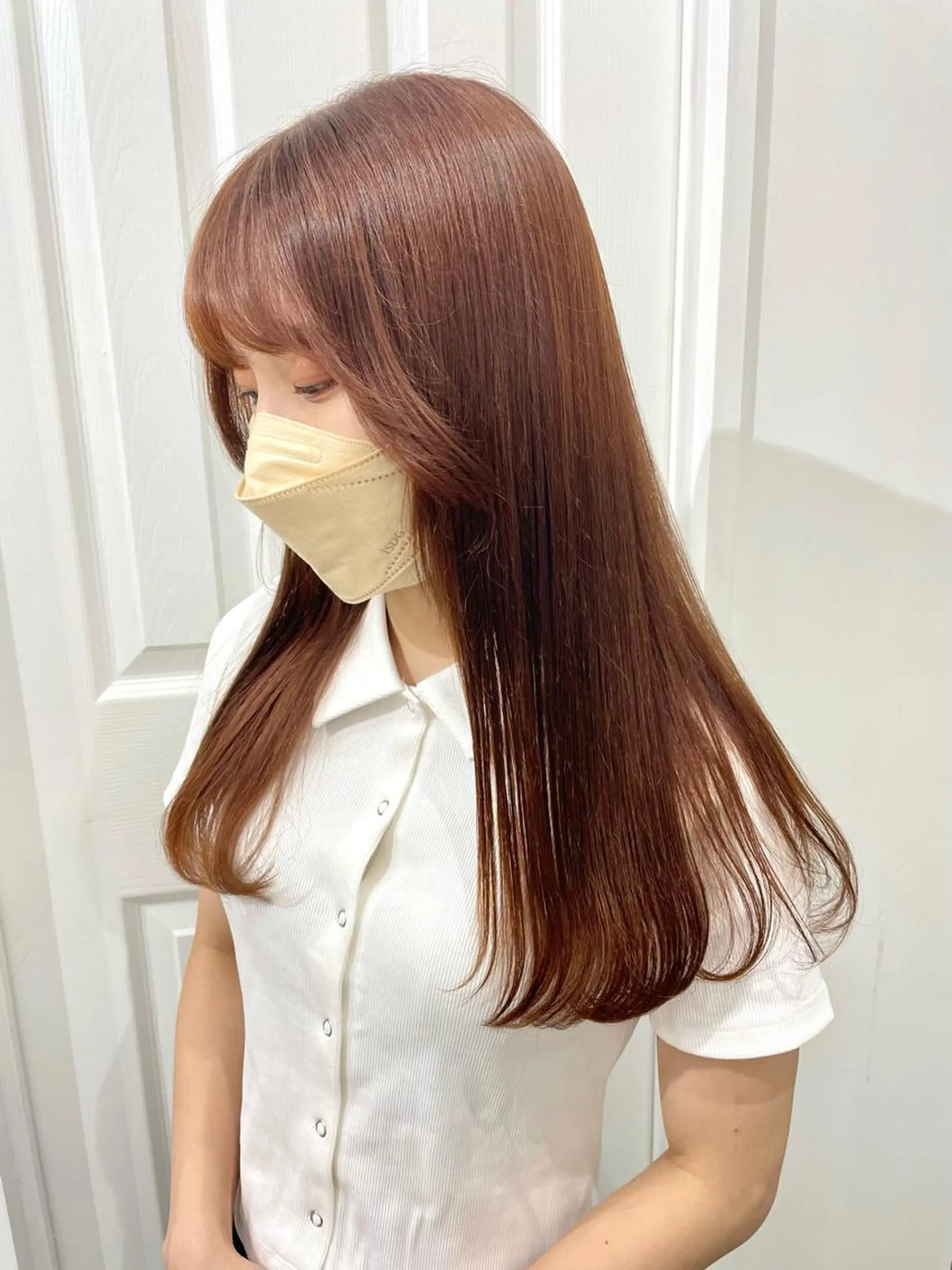 セミロング ミストバング オレンジブラウン 顔周りカット ヨシンモリ 韓国風ヘア ヘアカラー トリートメント ヘアセット ニュアンスハイトーン 🌙サイダサキのヘアスタイル