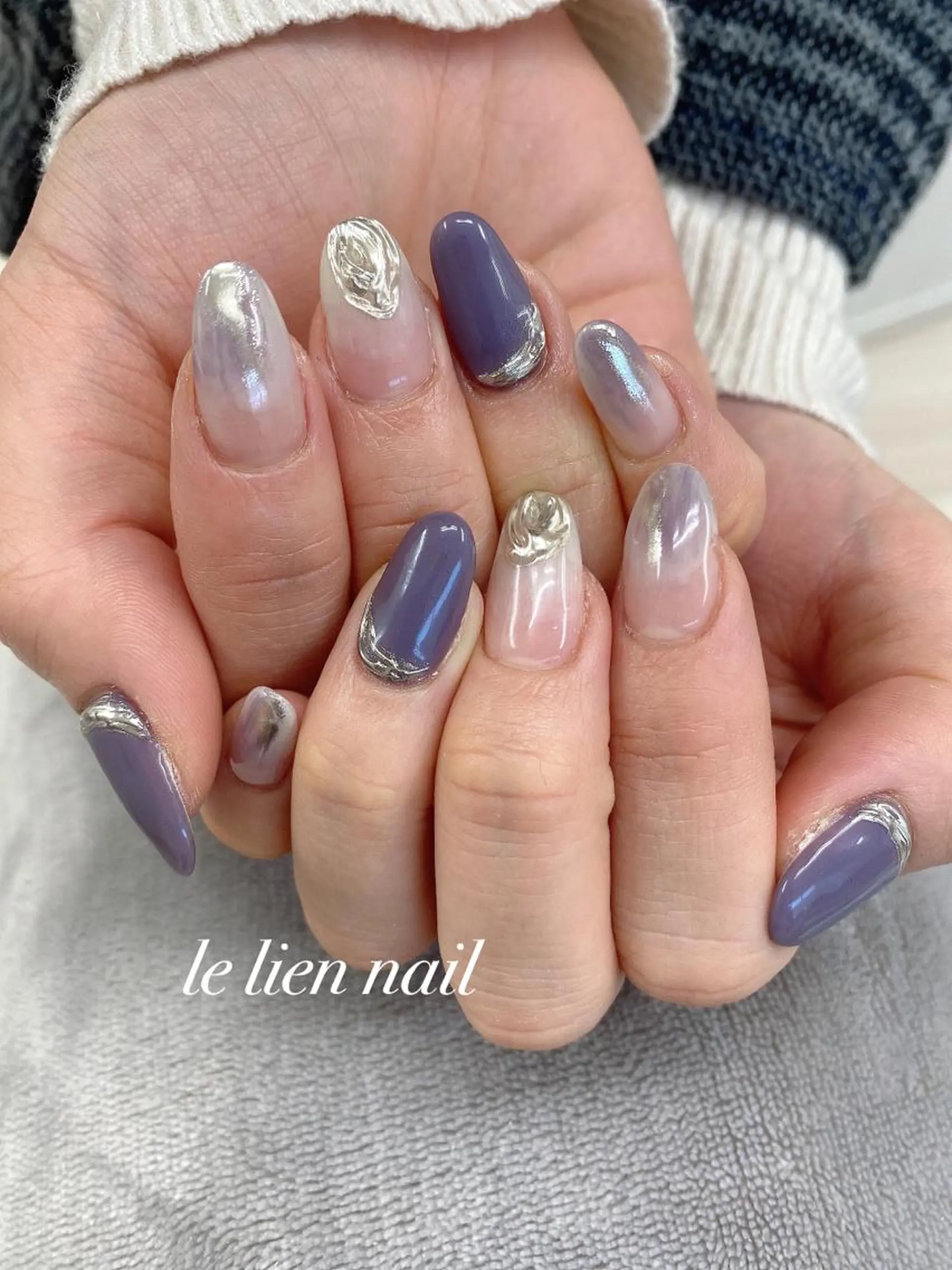 ネイル ミラーネイル ニュアンスネイル パープル シルバー ハンドネイル le lien nailのネイルデザイン