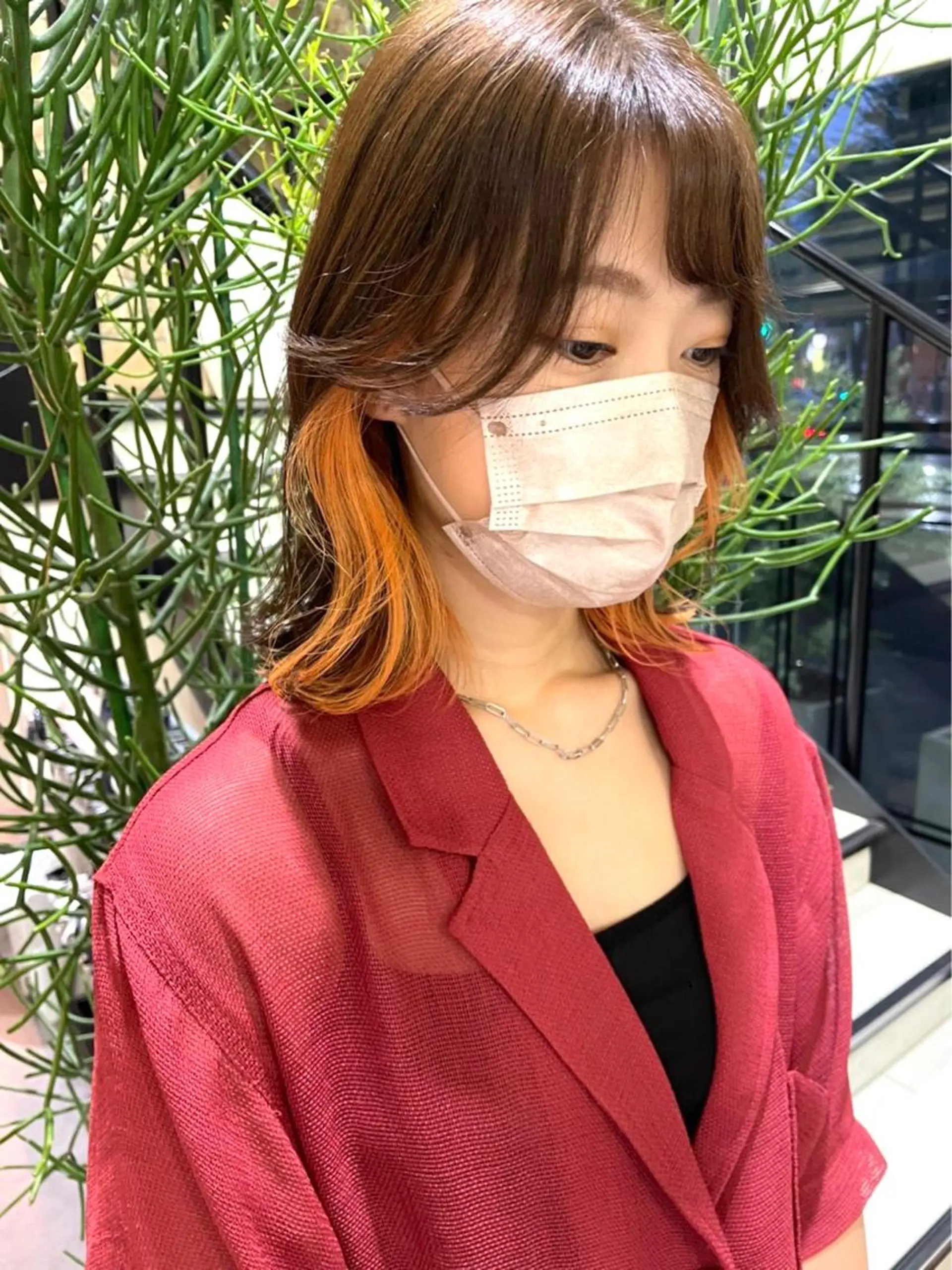 ミディアム カラー ブラウンカラー インナーカラー オレンジ メンズカット/柏/韓 国/メンズパーマ航太のヘアスタイル