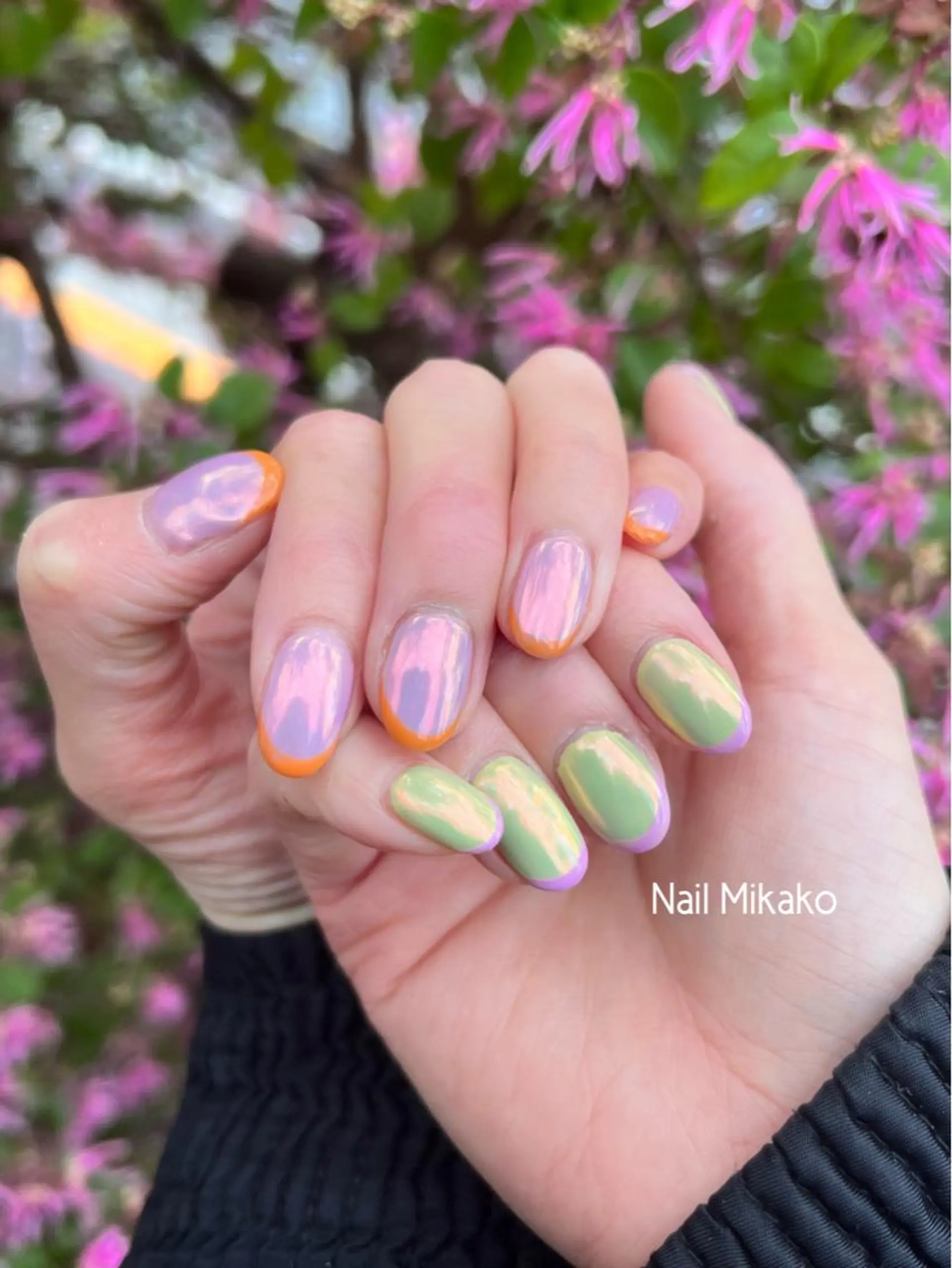 ネイル オーロラネイル フレンチネイル グリーン オレンジ ピンク Nail_Mikako所属・Nail Mikakoのネイルデザイン