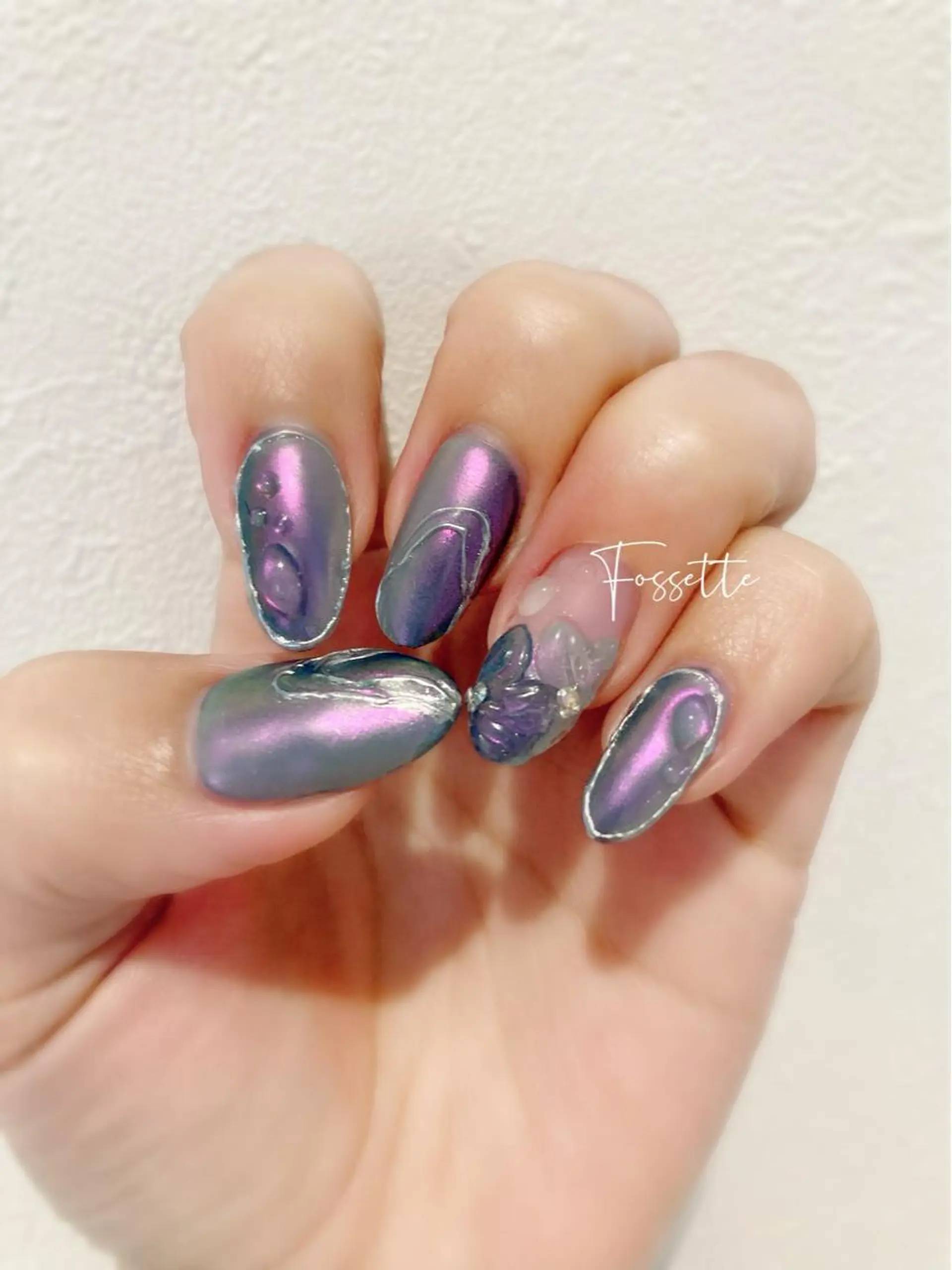 ネイル オーロラネイル フラワーネイル マットネイル ミラーネイル ぷっくりネイル ハンドネイル nailsalon Fossetteのネイルデザイン