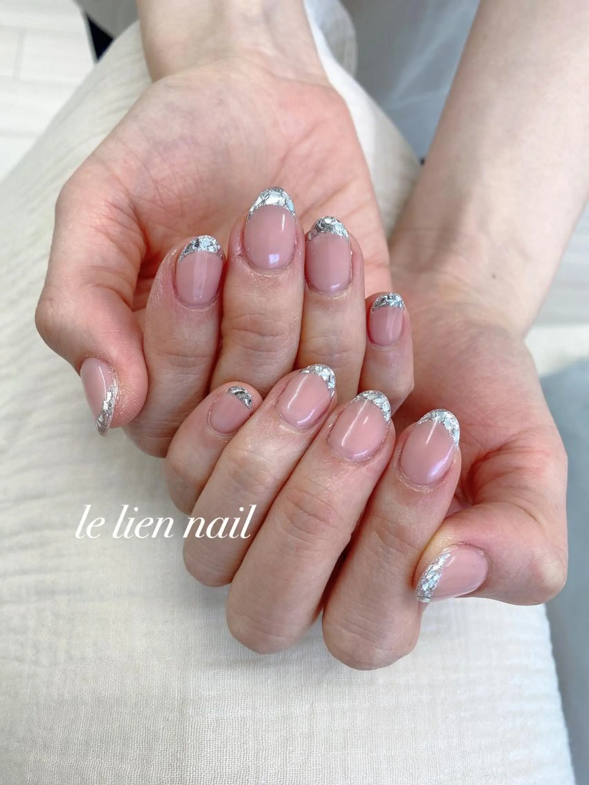 ネイル フレンチネイル ガラスフレンチ シルバー ブライダルネイル ハンドネイル le lien nailのネイルデザイン