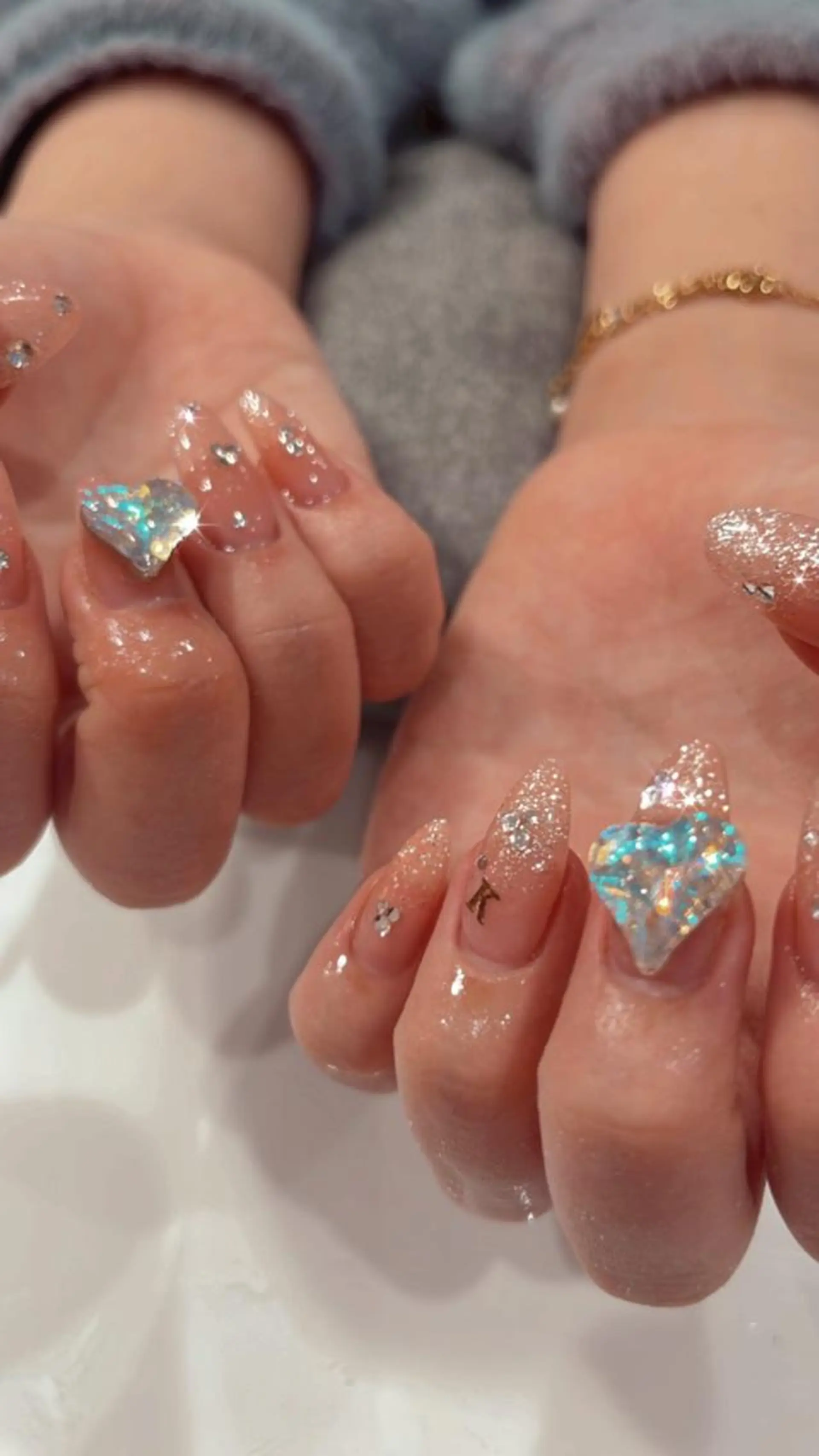 ネイル クリアネイル ハート ラメ(グリッター) ピンク ストーンネイル wooone所属・wooone nail.rieのネイルデザイン
