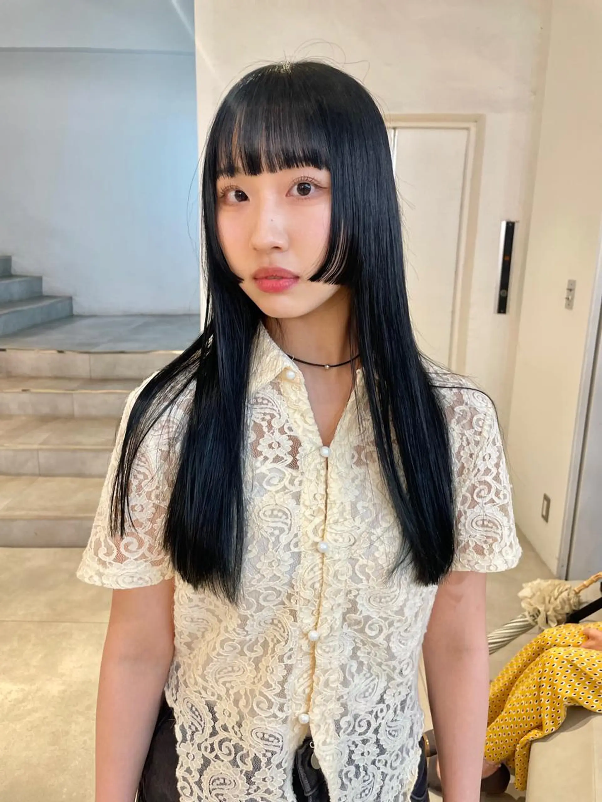 ロング カラー 黒髪 ブルーカラー ブルーブラック 姫カット 顔周りカット/透明感 カラー✂️MEIのヘアスタイル