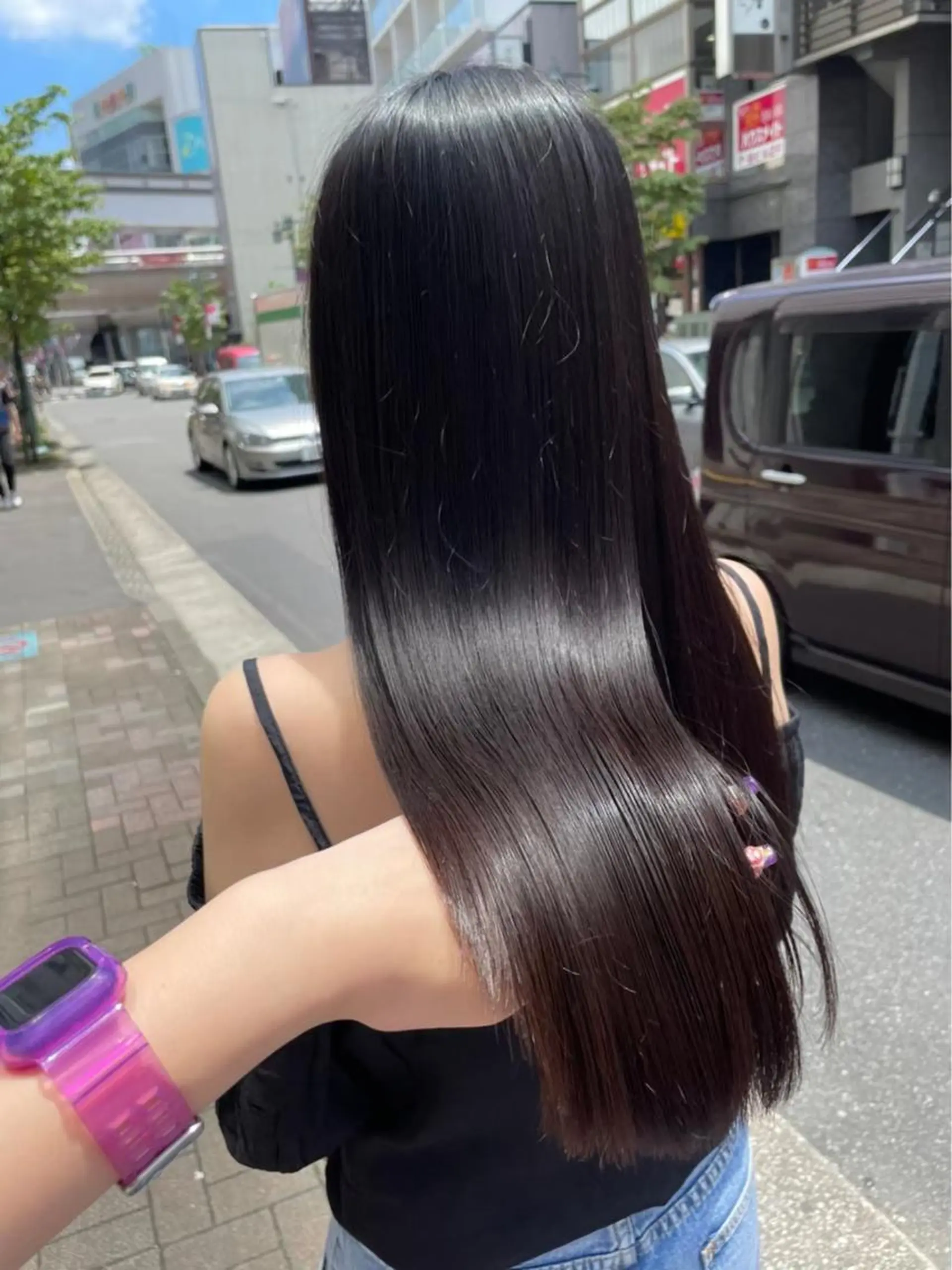 ロング カラー ベージュカラー 黒髪 ブリーチ ブルーカラー ブルーブラック 似合わせカット パーマ/コトミ🐸のヘアスタイル