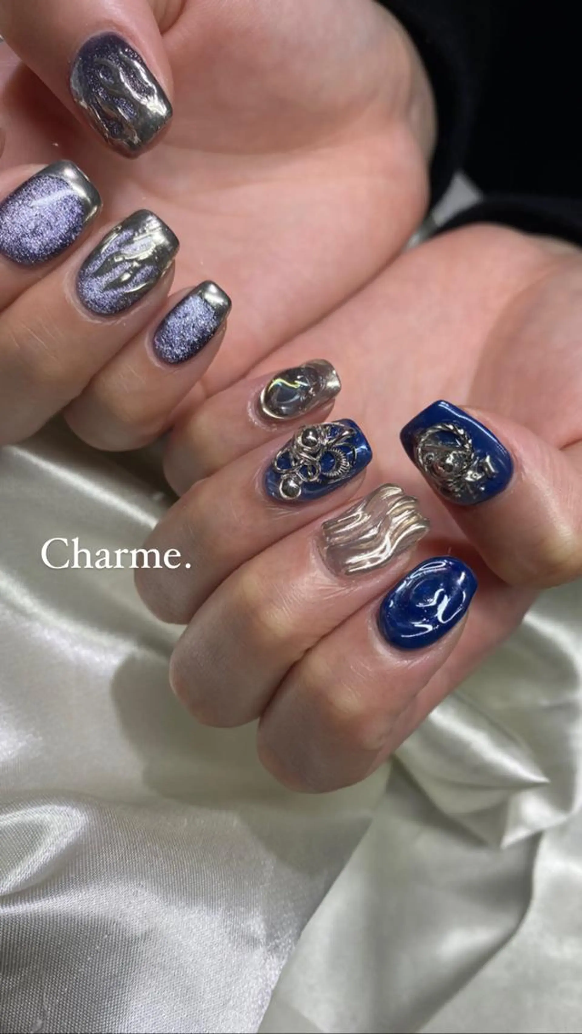 ネイル ブルー マグネットネイル ミラーネイル 持ち込み ニュアンスネイル ハンドネイル ハンドケア Charme. NOBUKOのネイルデザイン