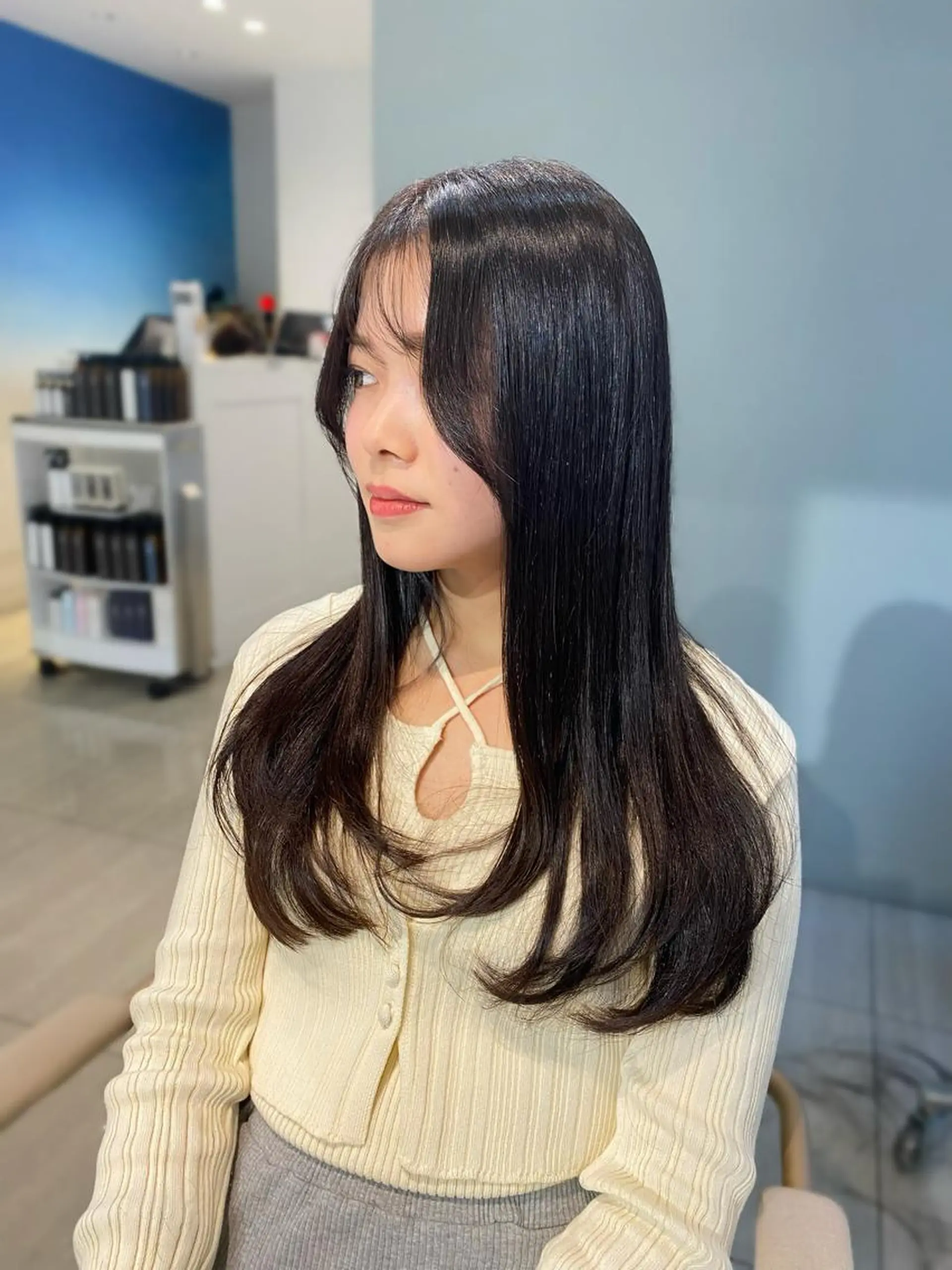 ロング カラー アッシュ ベージュカラー 黒髪 ブリーチ ブルーカラー カット ヘアカラー トリートメント 韓国風レイヤーカット 💎髪質改善"yuiのヘアスタイル