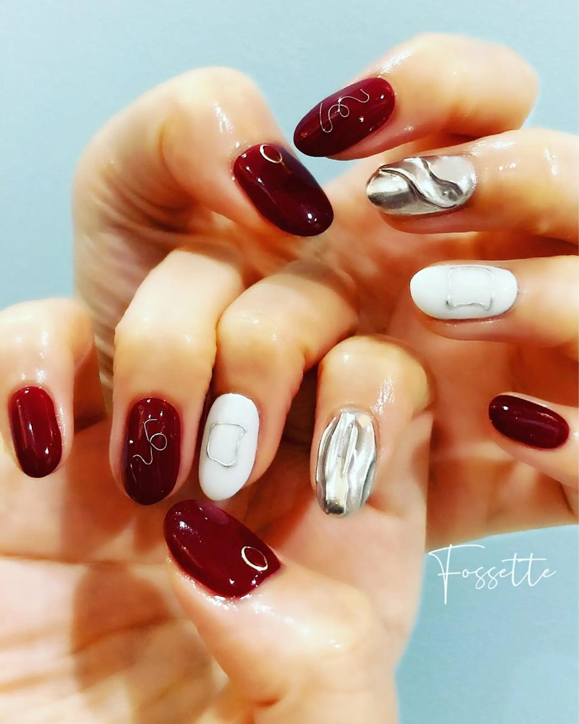 ネイル アートネイル ボルドー ミラーネイル ニュアンスネイル ワンカラーネイル ハンドネイル nailsalon Fossetteのネイルデザイン