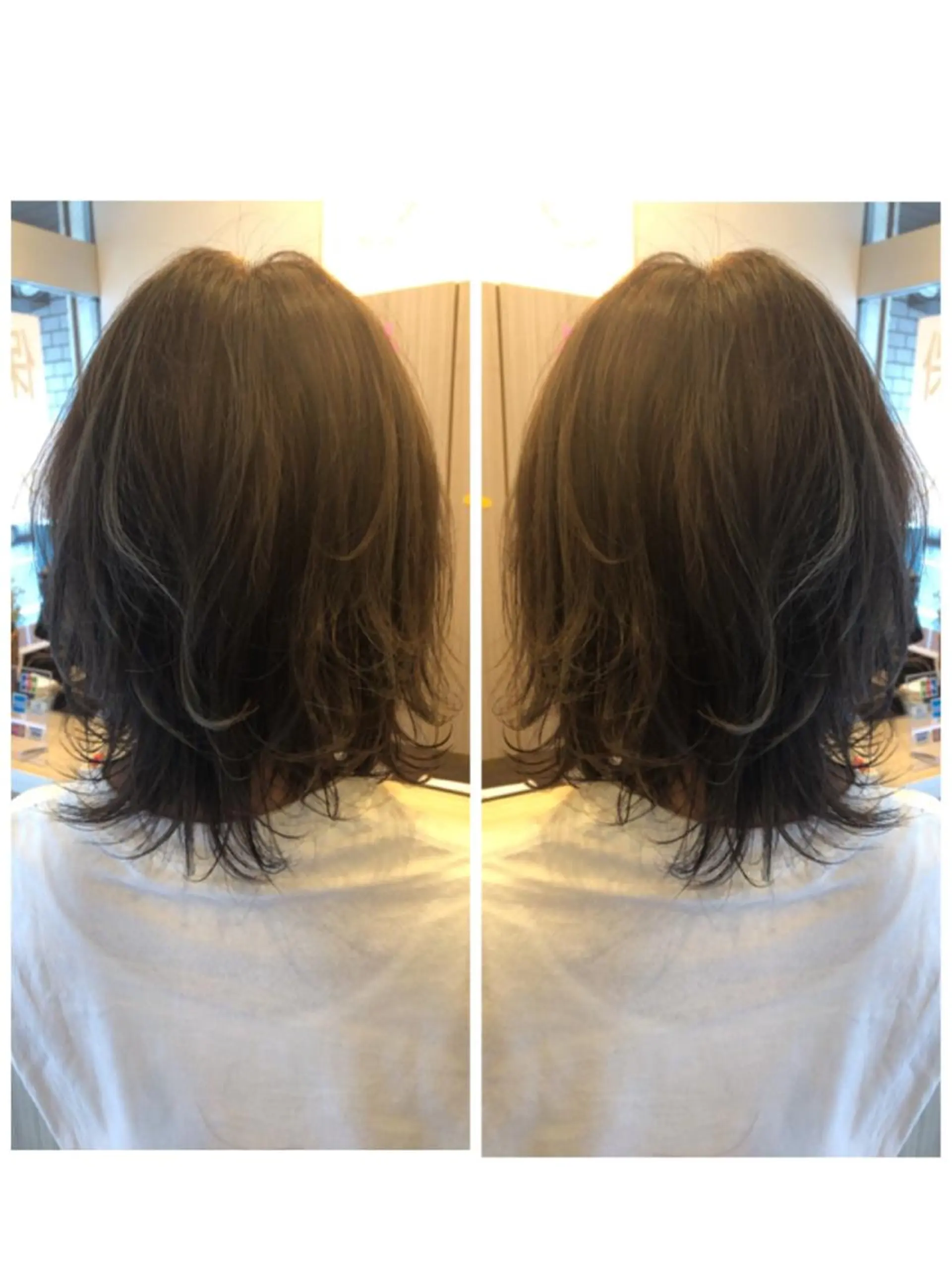 ミディアム カラー アッシュ ハイライトカラー ハイライト レイヤーカット カット ヘアカラー トリートメント 品田 真里のヘアスタイル