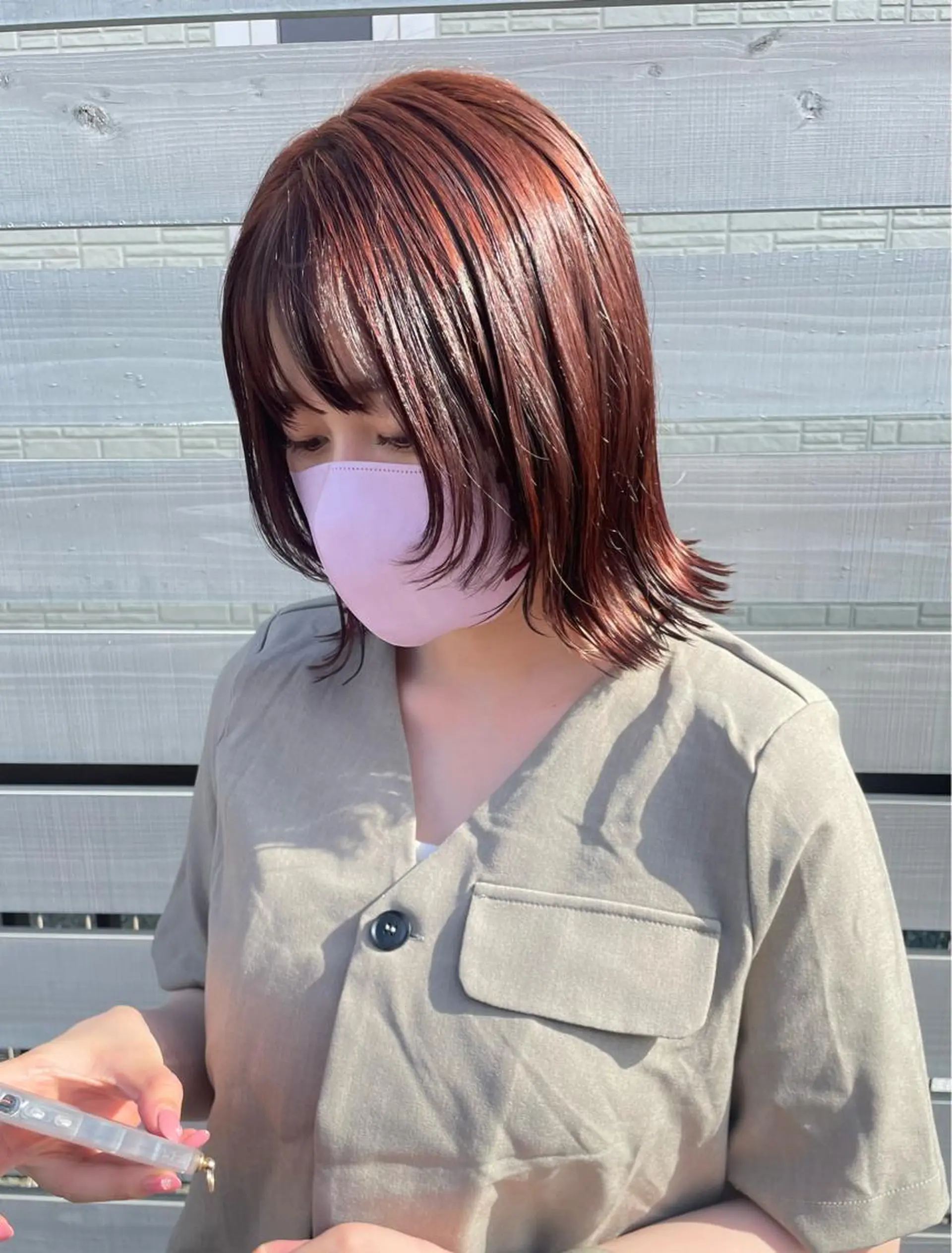 ミディアム カラー ブリーチ ブラウンカラー ブリーチなしカラー オレンジ オレンジブラウン カット ヘアカラー トリートメント ひなた 艶カラー/渋谷のヘアスタイル