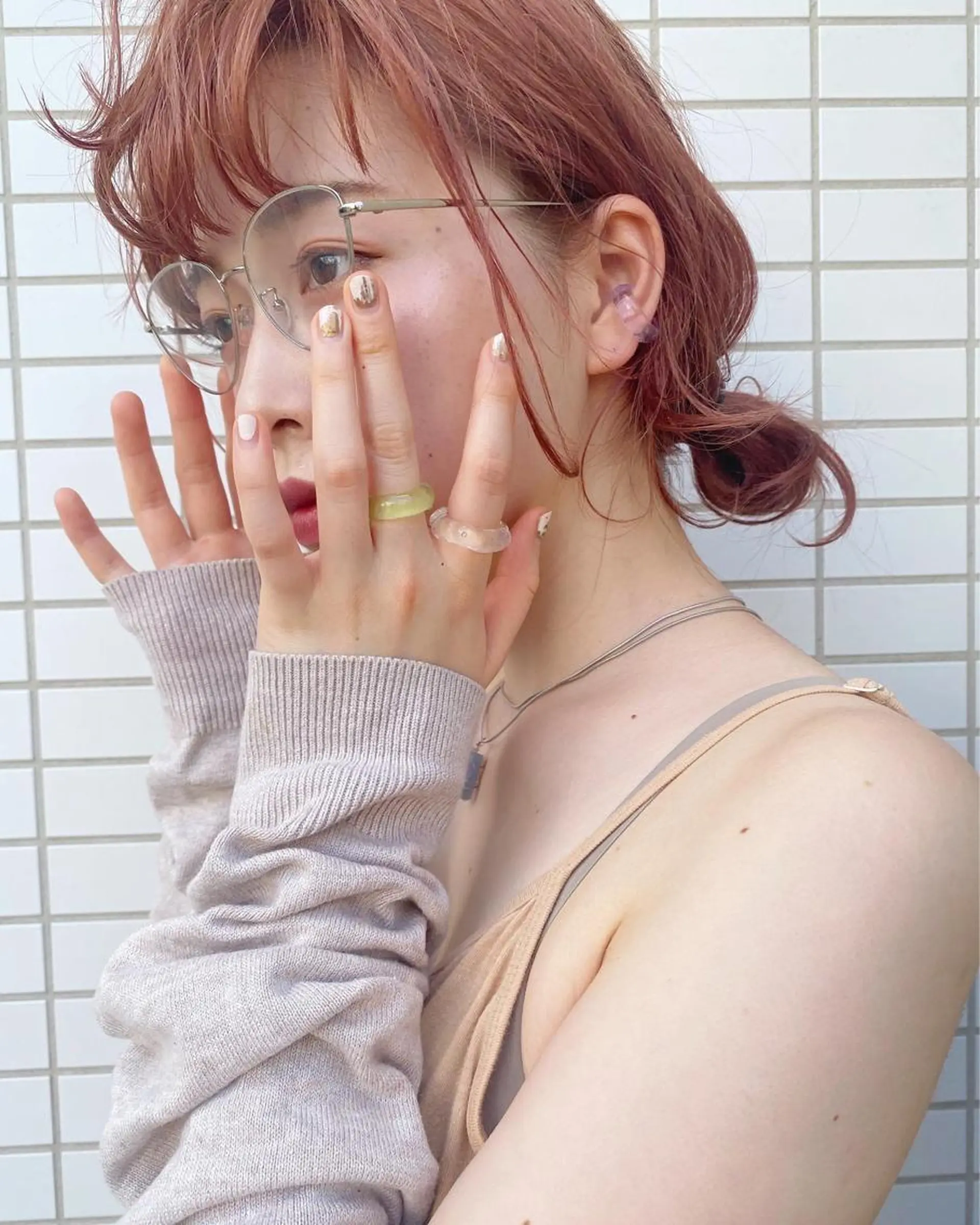 ミディアム カラー ヘアアレンジ オレンジ カット ヘアカラー トリートメント nana🦕 ハイライトベージュのヘアスタイル
