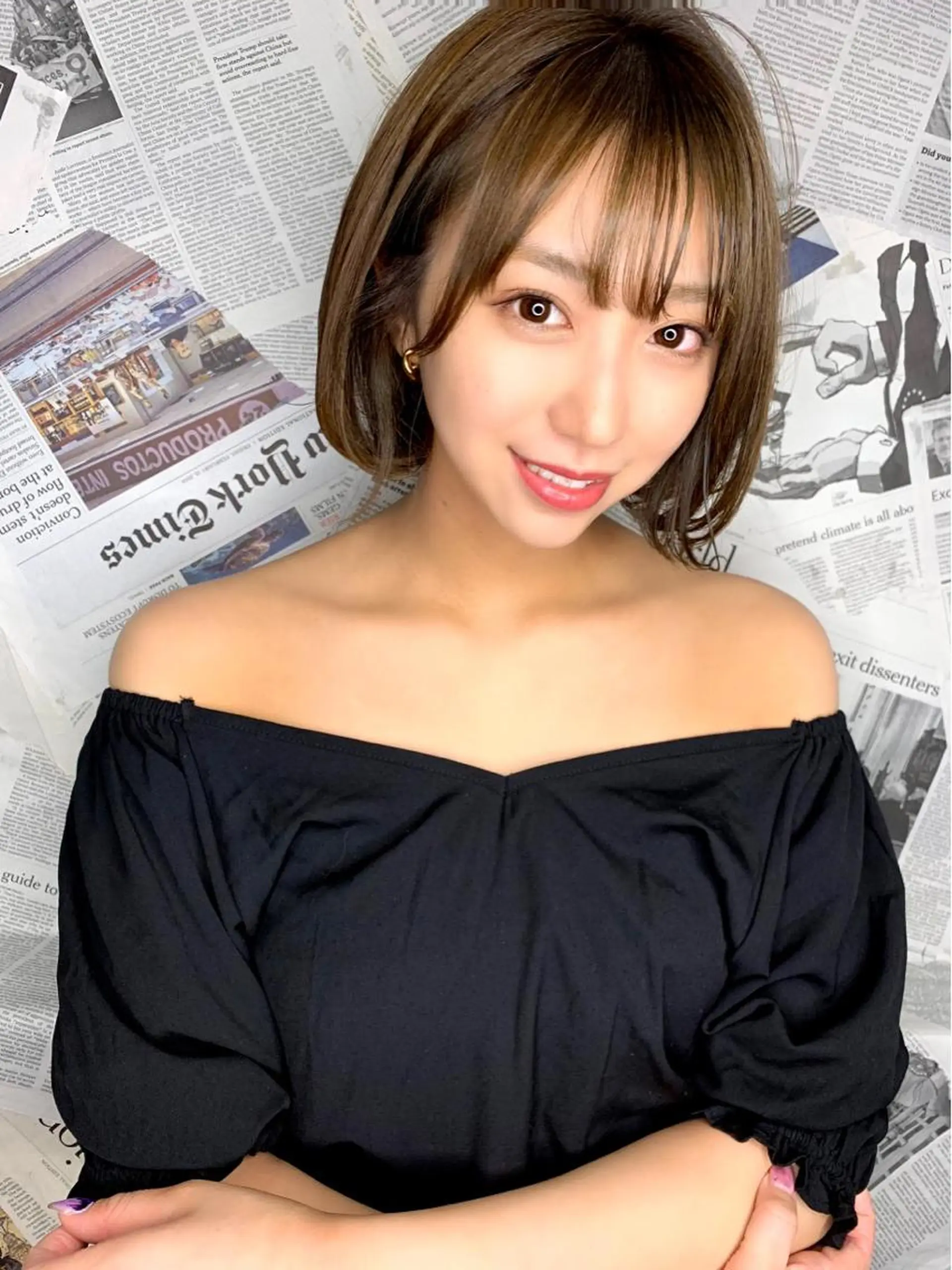 ミディアム カラー アッシュ ベージュカラー ハイライトカラー ミルクティーベージュ ボブ カット ヘアカラー トリートメント 韓国レイヤー/ミルク ティー🦋高橋　暖のヘアスタイル