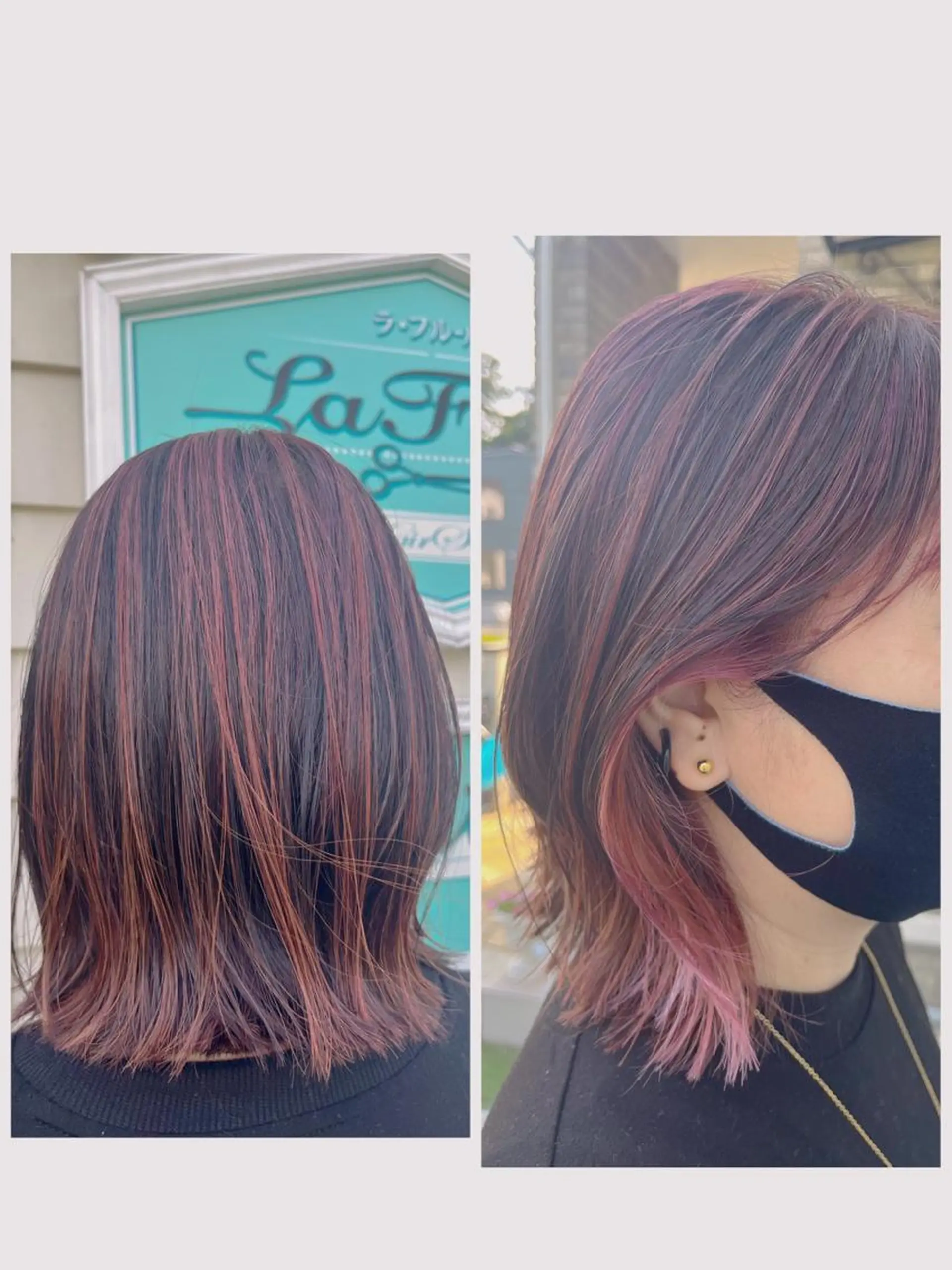 ミディアム カラー ブリーチ ハイライトカラー インナーカラー オレンジ ピンクカラー La.fleur ラ.フルールのヘアスタイル