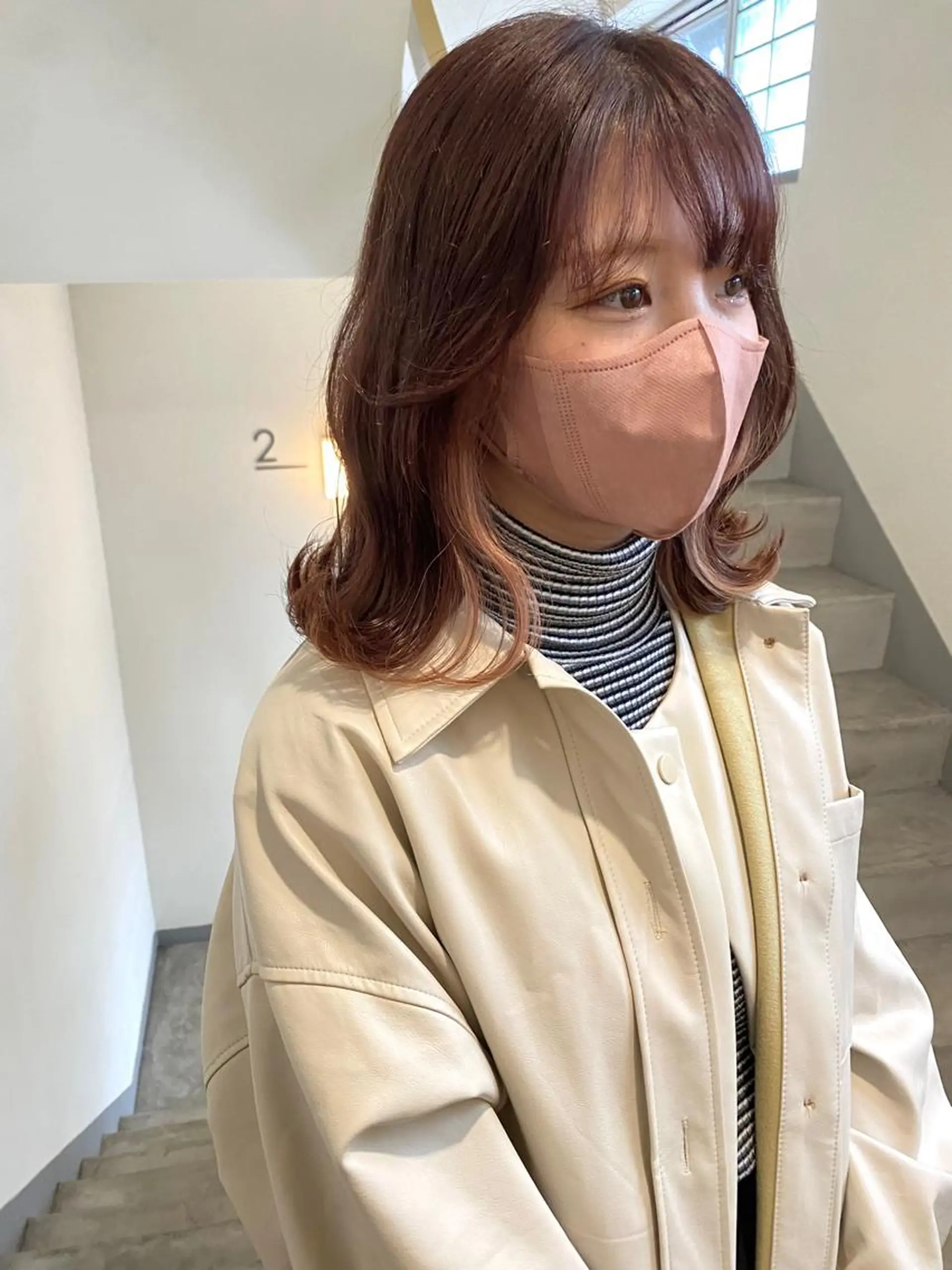 ミディアム 切りっぱなしボブ オレンジブラウン ピンクブラウン ボブ サイドバング タナカ レイのヘアスタイル