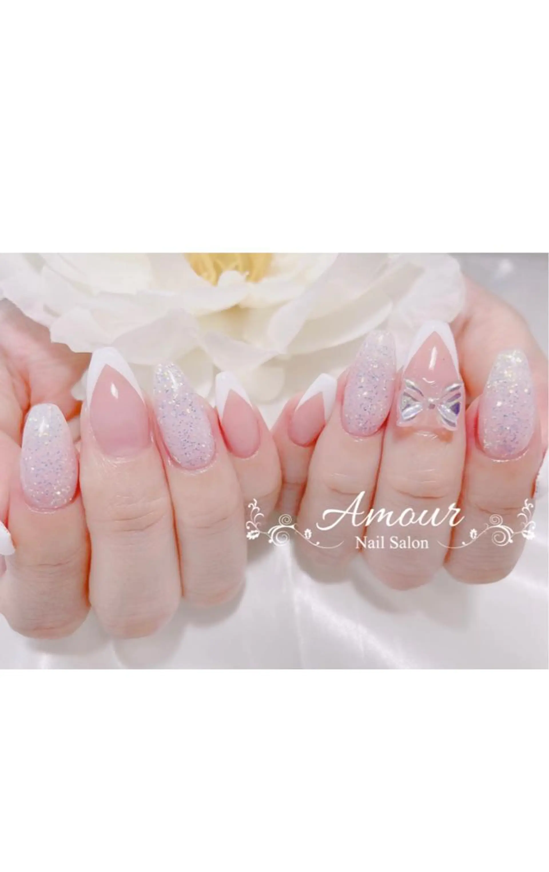 ネイル フレンチネイル ラメ(グリッター) ホワイト nailsalon ♡amour♡のネイルデザイン