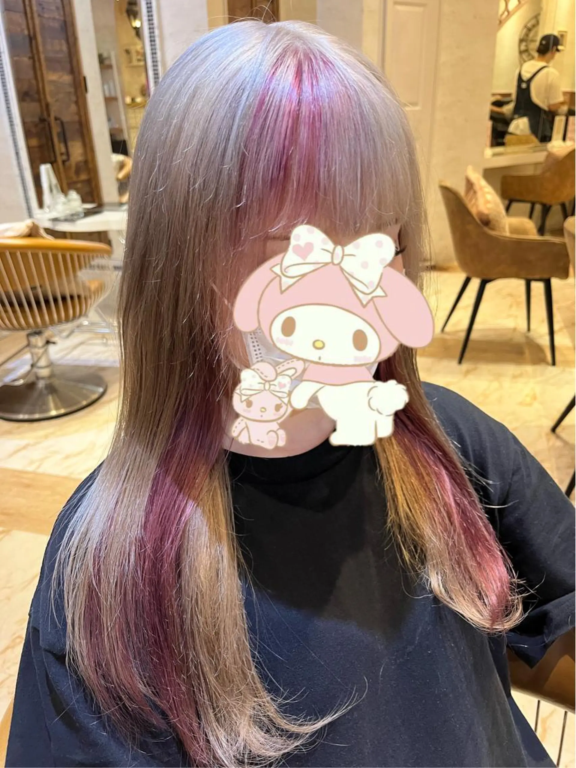 ロング 顔まわりレイヤー 顔周りカット 髪質改善 韓国風ヘア レイヤーカット 川井麻由🎀アイドル 量産🎀ピンクカラーのヘアスタイル