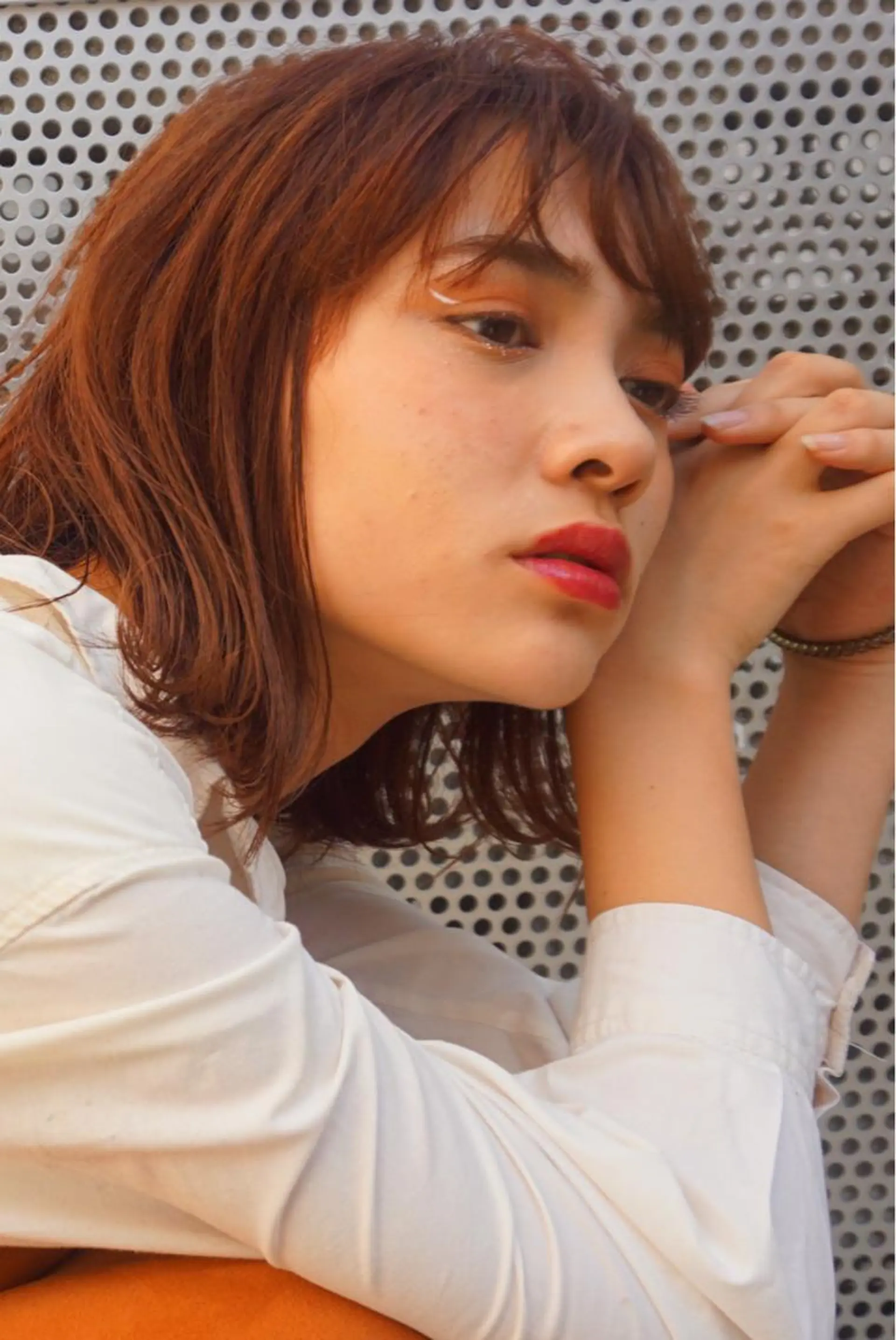 ミディアム カラー パーマ ヘアアレンジ ボルドーカラー オレンジ レッドカラー ボブ 小顔カット granew所属・美艶ボブ 石井一成のヘアスタイル