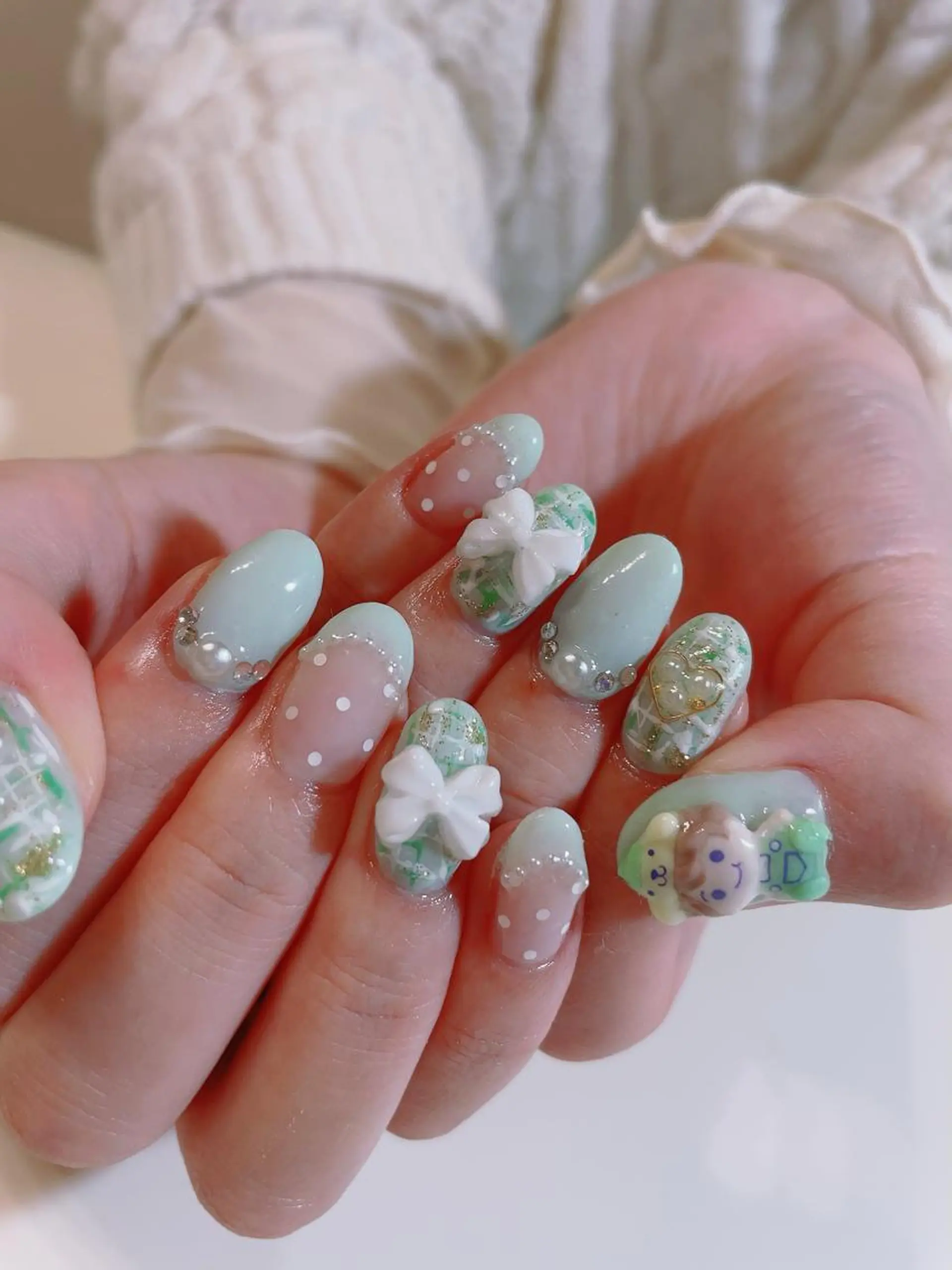 ネイル グリーン ツイードネイル ハンドネイル * haruのネイルデザイン