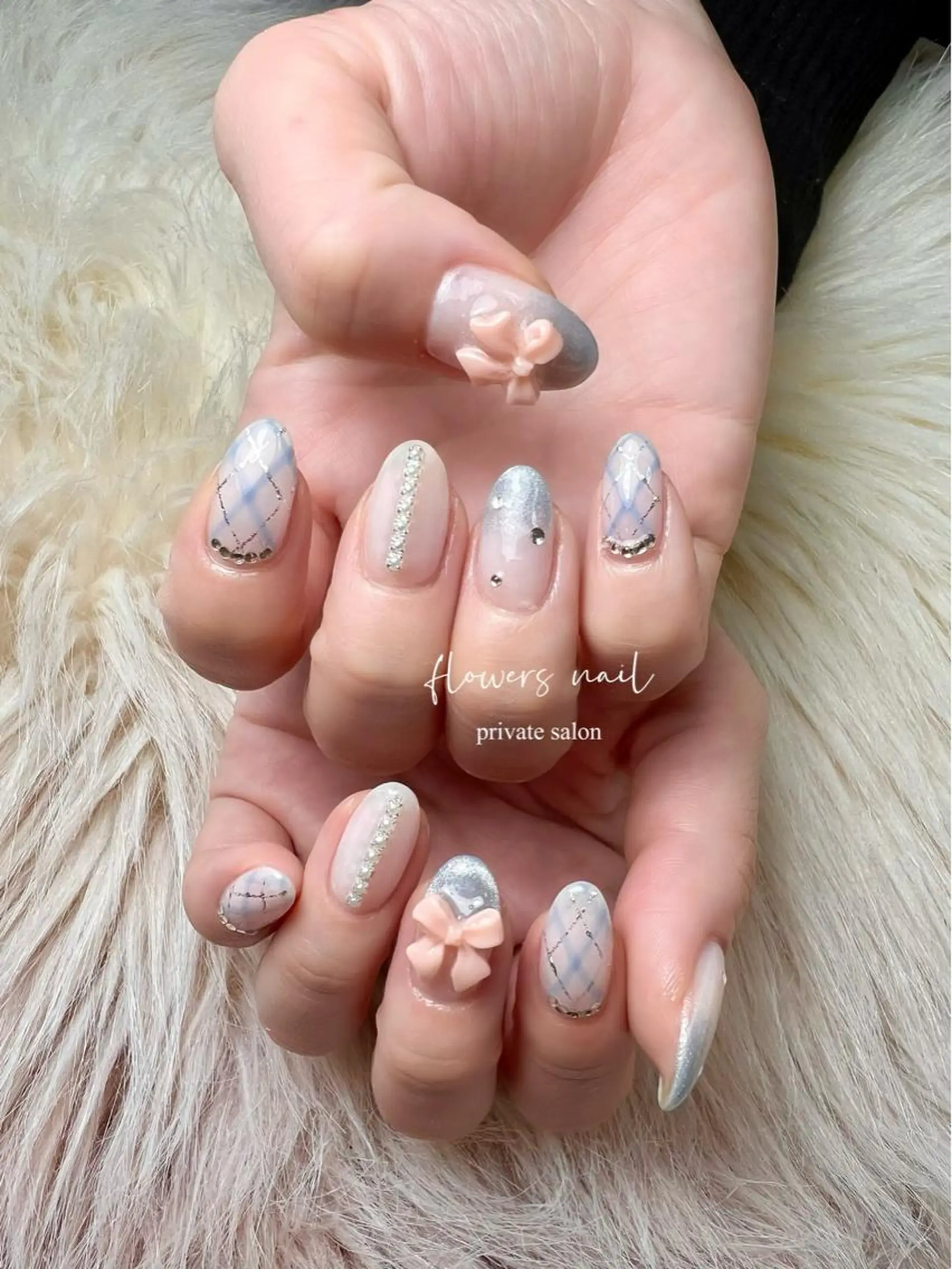 ネイル ブルー ジェルネイル 持ち込み パラジェル リボン ハンドネイル flowers nailのネイルデザイン