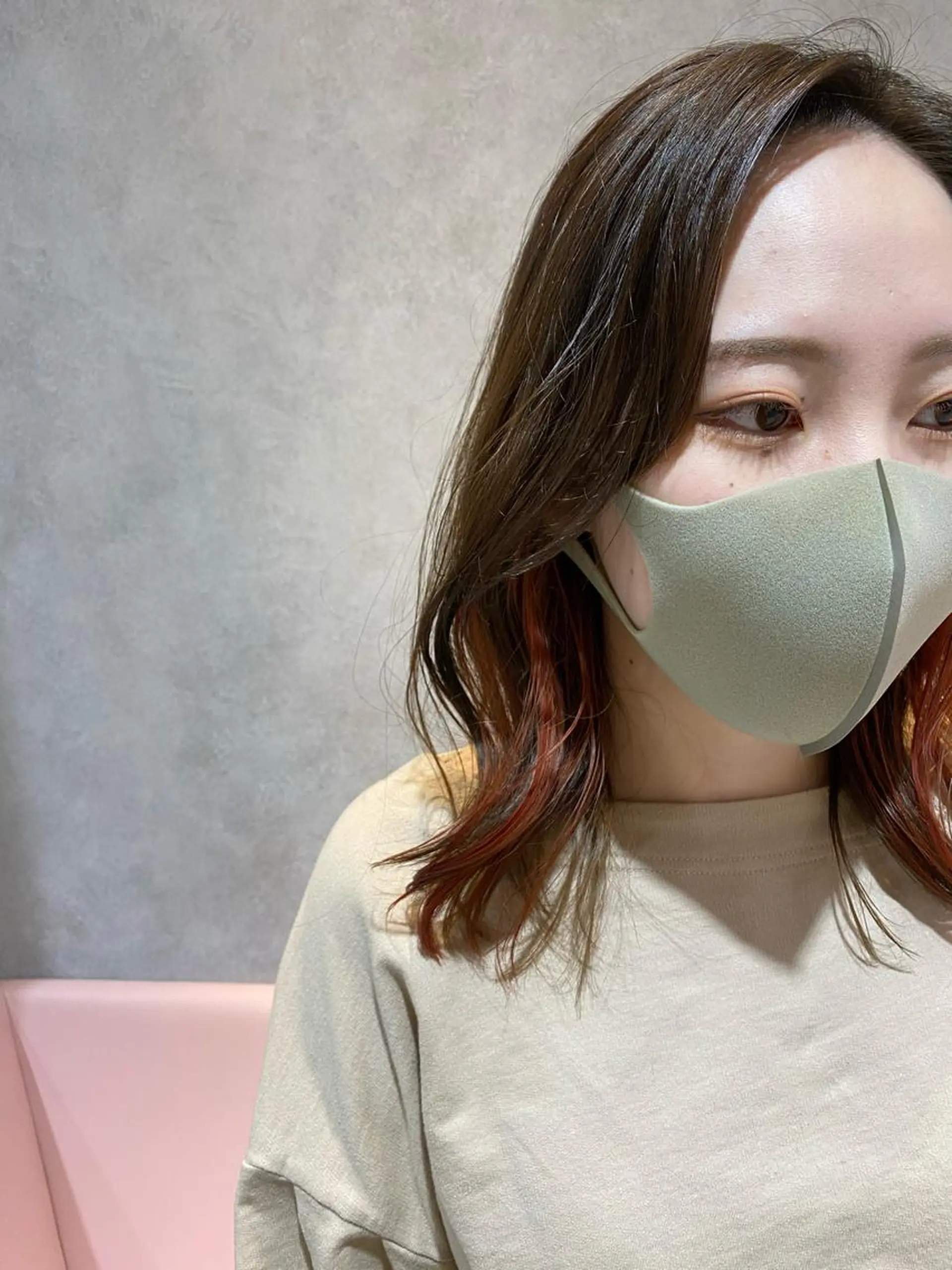 ミディアム カラー パーマ ミディアムパーマ オレンジ 韓国風ヘア 🍑 韓国ヘア 🍑 WATANABEのヘアスタイル