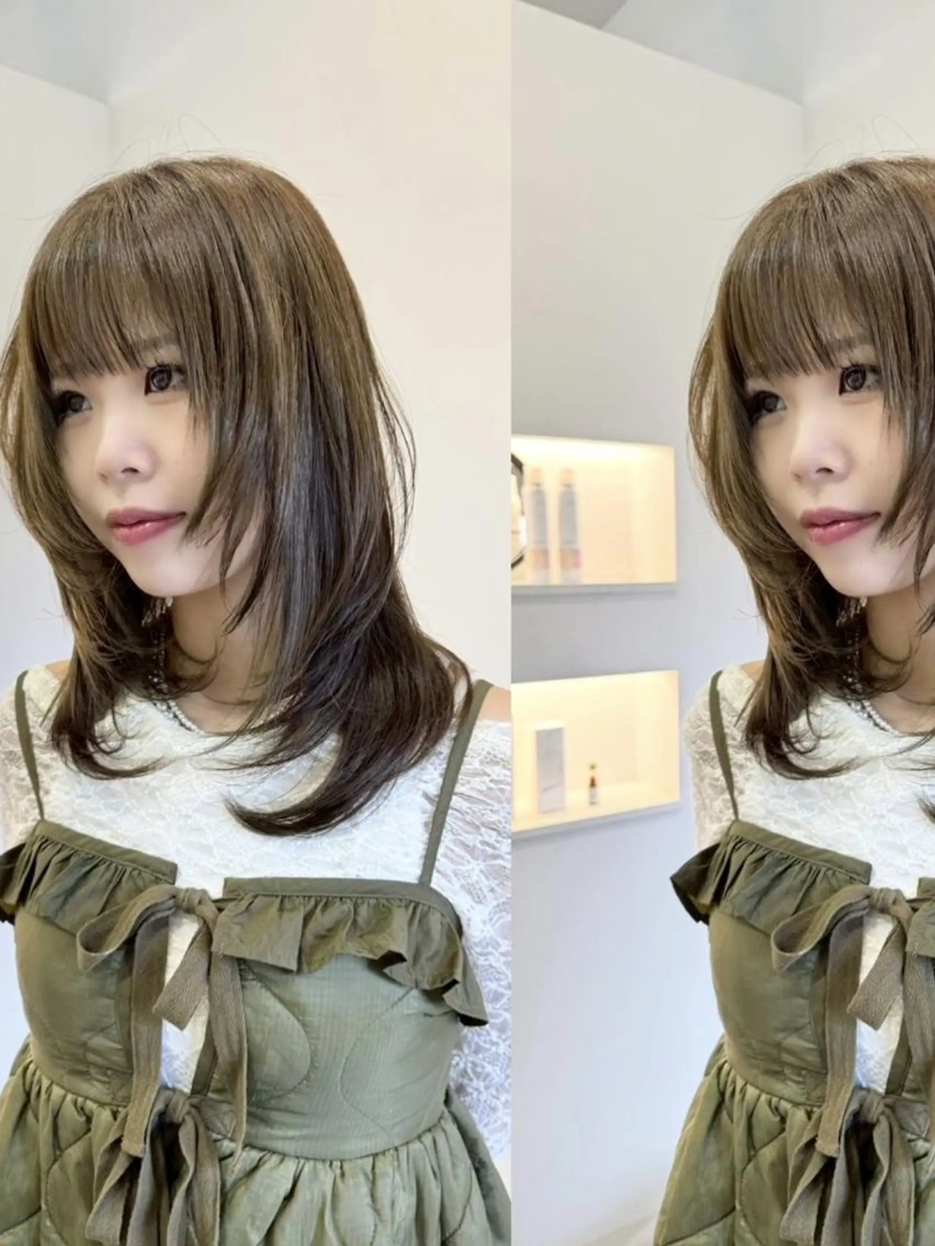 ミディアム カラー ブラウンカラー 透明感カラー オリーブブラウン 顔まわりレイヤー レイヤーカット カット ヘアカラー トリートメント 🍑イブキ🍑韓国 /レイヤー/髪質改善のヘアスタイル