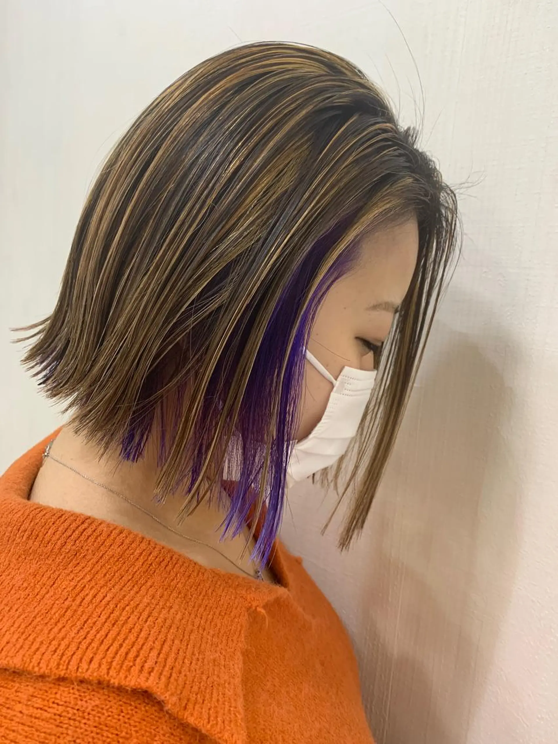 ミディアム カラー ヘアアレンジ ハイライトカラー パープルカラー ハイライト ヘアカラー きむえり/セット/ 髪質改善/カラーのヘアスタイル