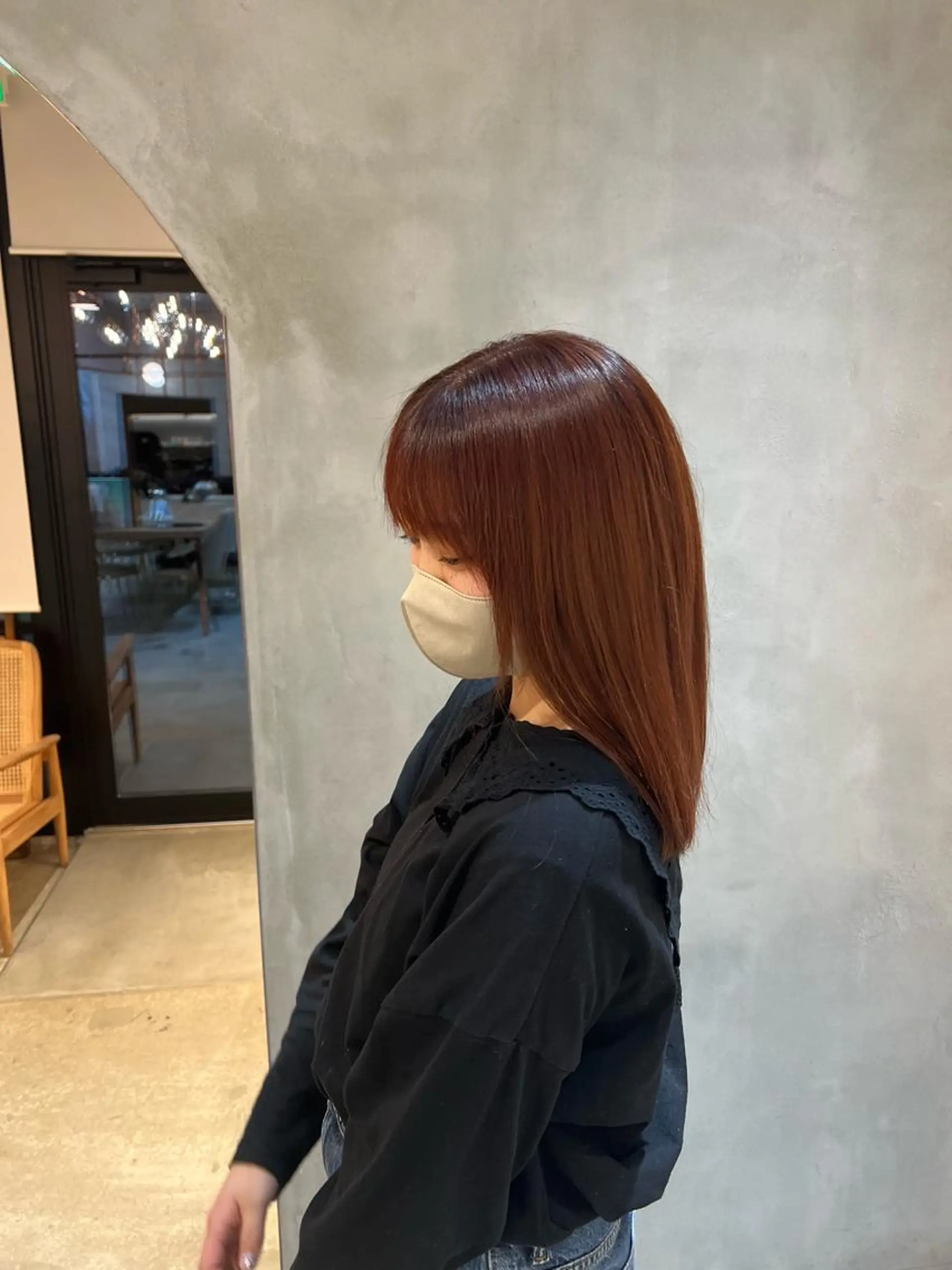 ミディアム カラー オレンジピンク ボブ/巻ける縮毛矯正 /韓国レイヤーはなのヘアスタイル