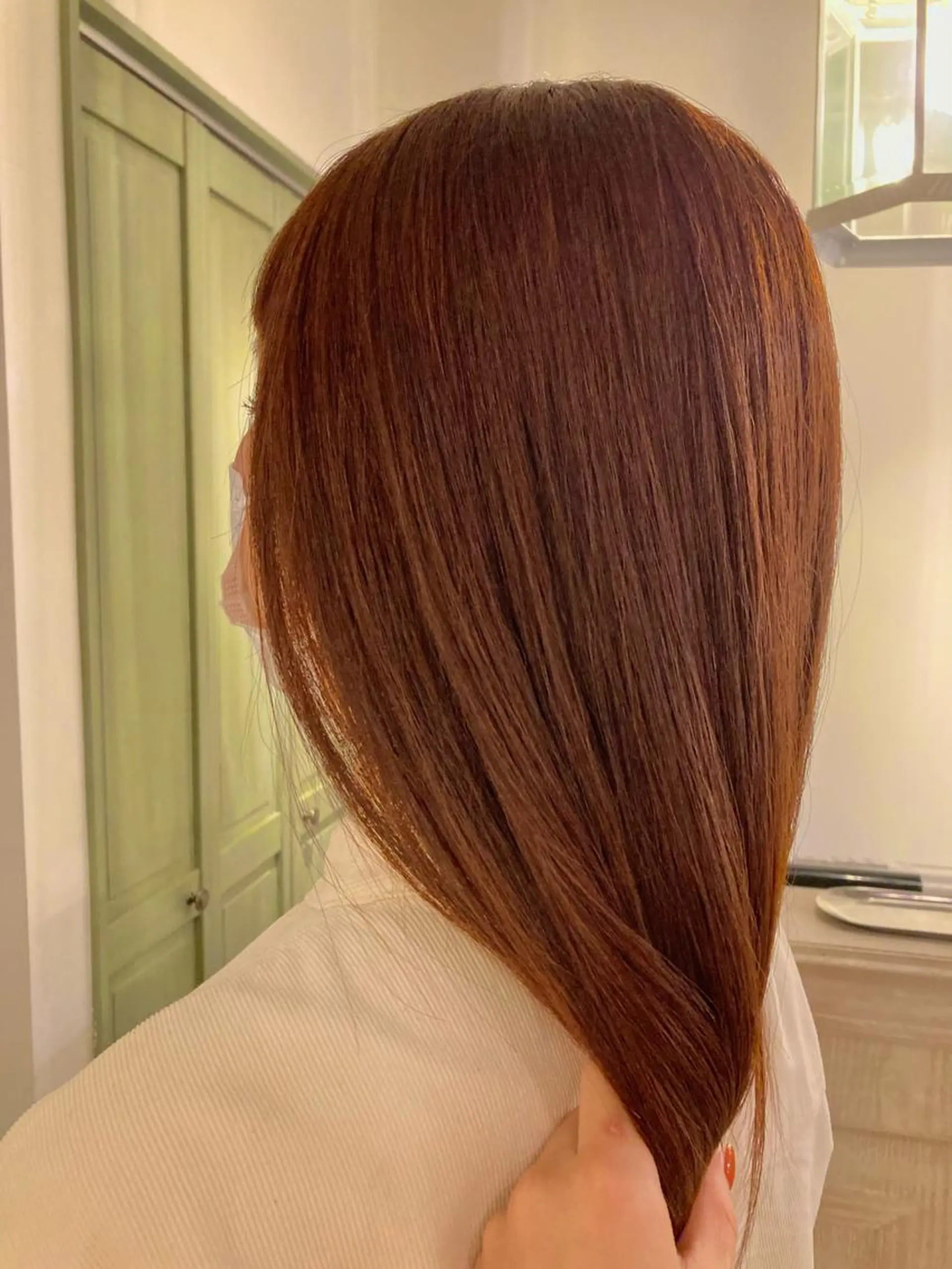 ロング カラー オレンジ カット 縮毛矯正 よこもり あいのヘアスタイル